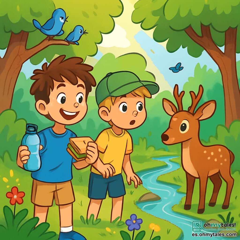 Hay 2 personajes principales: Mateo, un niño de 10 años con cabello castaño alborotado, que lleva una camiseta azul y un pantalón corto beige, sosteniendo una botella de agua en una mano y un sándwich en la otra, sonriendo con entusiasmo; y Lucas, un niño de 10 años con cabello rubio y una gorra verde, que viste una camiseta amarilla y pantalones cortos, mirando con curiosidad a un ciervo que se acerca al grupo. La escena se desarrolla en una reserva natural verde, rodeada de grandes árboles con hojas de un verde brillante, con rayos de sol filtrándose a través de las ramas. Un pequeño arroyo brilla cercanamente, y flores coloridas adornan el suelo con toques de rojo, violeta y amarillo. Mateo y Lucas, maravillados, observan al ciervo que se acerca pacíficamente al arroyo, mientras los pájaros cantan en los árboles, rodeados de la belleza de la naturaleza, listos para aprender y proteger este entorno.