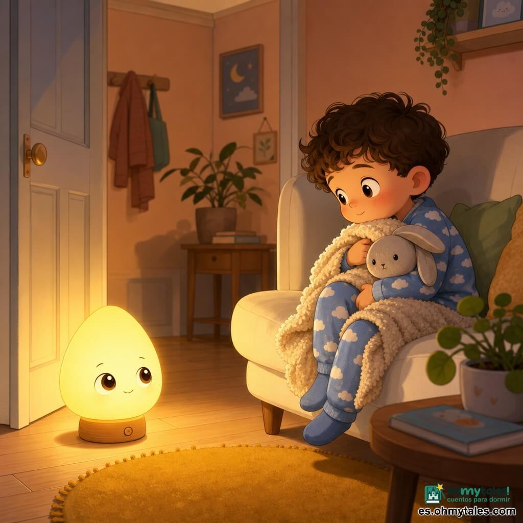 Personaje principal: una pequeña lámpara en forma de bombilla redondeada, color amarillo cálido, ojos redondos y expresión luminosa y reconfortante, junto a una puerta emitiendo un tenue resplandor. Personaje secundario: niño de 4 años con rizos castaños, pijama azul con nubes blancas, rostro tranquilo y algo tímido, sentado en un sofá crema abrazando una manta beige. Personaje opcional: peluche conejo gris con ojos cosidos, apoyado en la manta. Lugar: pasillo y rincón de salón acogedor con suelo de parquet claro, paredes melocotón, alfombra mostaza y mesa de madera con planta. Situación: la lámpara ilumina suavemente el rostro del niño, ambiente tierno y seguro con sensación de calidez.