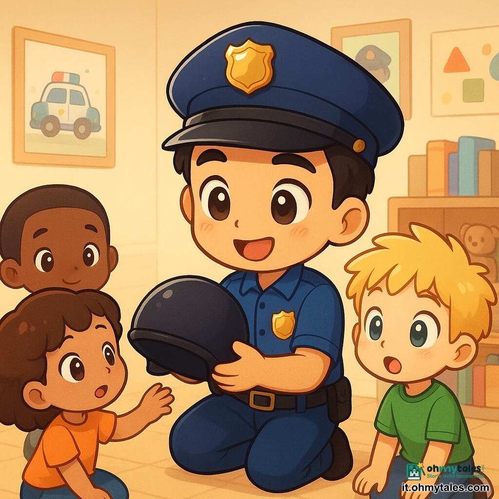 Un giovane poliziotto, Marco, sorridente e con occhi scintillanti, indossa un'uniforme blu con un distintivo brillante. È accovacciato, circondato da bambini piccoli, e mostra loro un casco della polizia. Una bambina, Giulia, di 8 anni, con capelli castani ricci e uno sguardo curioso, allunga la mano per toccare il casco. Un ragazzo, Luca, anch'egli di 8 anni, con capelli biondi spettinati, si trova accanto a Marco, gli occhi spalancati per la meraviglia. Si trovano in una sala luminosa del commissariato, con pareti decorate da poster colorati e scaffali pieni di giocattoli. La situazione principale mostra Marco che spiega con entusiasmo il lavoro della polizia ai bambini, creando un'atmosfera di apprendimento gioiosa e interattiva.