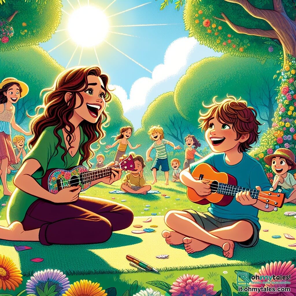 Lila, una giovane donna di 28 anni, è seduta su un tappeto di erba in un parco soleggiato, con un ukulele colorato in mano. Ha lunghi capelli castani ondulati, occhi brillanti di gioia e un grande sorriso sul volto, irradiando entusiasmo mentre canta una melodia dolce. Accanto a lei c'è Leo, un ragazzo di 10 anni con capelli ricci e un ampio sorriso, che tiene l'ukulele di Lila con ammirazione. È seduto a gambe incrociate, con gli occhi pieni di eccitazione, pronto a provare a suonare. Il parco è pieno di fiori colorati e alberi maestosi, con bambini che giocano e ridono sullo sfondo. Il cielo è di un blu splendente, punteggiato da alcune nuvole bianche e soffici. La scena principale mostra Lila e Leo che suonano musica insieme, circondati da altri bambini che li ascoltano attentamente, catturati dalla magia della musica che li unisce.