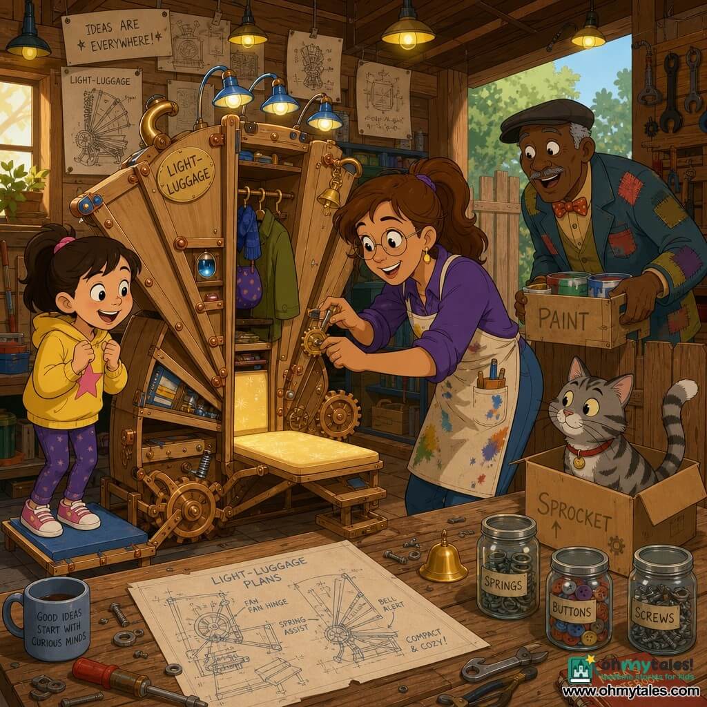Mira, a smiling, focused inventor with light brown hair in a ponytail, round glasses and a paint-stained apron, leans forward adjusting a small golden gear on a folding mechanical shelf that opens into a cushioned bench; Sprocket, a striped gray cat, sits in a cardboard box on the workbench to Mira’s right watching curiously, tail up; Mr. Pender, about 60, in a mismatched work jacket, leans over the fence behind Mira holding a paint crate, smiling in surprise; Lila, about 8, shy but delighted, climbs onto the small padded bench of the Light‑Luggage as it unfolds; the garden shed workshop in the background has a wooden worktop, walls lined with sketches and jars of screws, buttons and springs, warm light through a dusty window, hanging tools and small yellow lamps; main focus: the colorful Light‑Luggage (light wood, copper rivets, blue lamps) fans open to reveal a glowing bench and compartments, offering Lila a tiny joyful ride while gears, springs and little bells add visible mechanical charm.