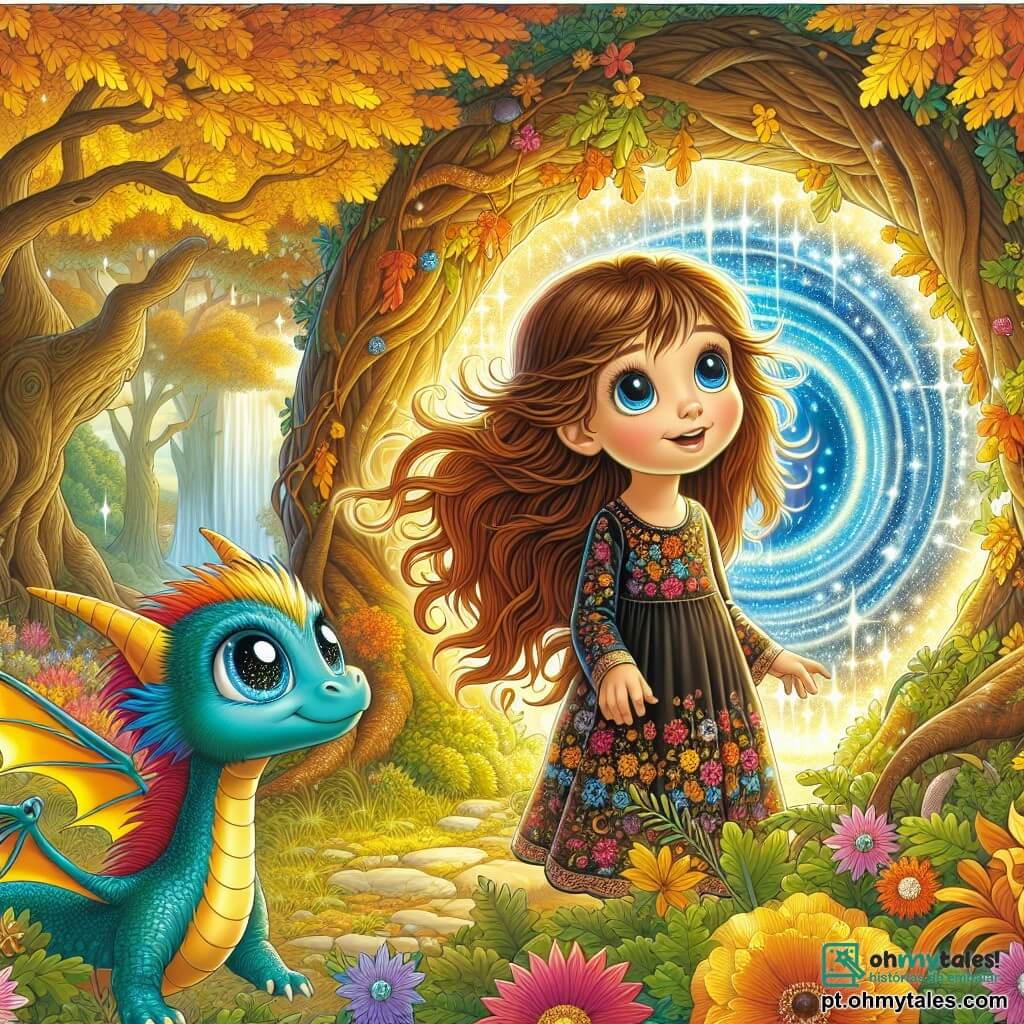 No centro da imagem, uma menina de 10 anos chamada Clara está de pé, com os olhos arregalados de admiração. Ela tem longos cabelos castanhos que flutuam suavemente ao vento e veste um vestido colorido decorado com flores. Seu rosto irradia curiosidade e empolgação enquanto ela descobre um portal cintilante atrás de um grande carvalho. Ao lado dela, um pequeno dragão chamado Zafir, com escamas azul-vivo e olhos brilhantes, a observa com um sorriso amigável. Ele bate suavemente as asas, pronto para voar, e se mantém ligeiramente afastado, como se estivesse lá para proteger Clara. O cenário é um vale encantado, cheio de árvores com folhas douradas e flores coloridas que parecem dançar ao ritmo de uma melodia suave. Raios de sol penetram através da folhagem, criando uma atmosfera mágica e luminosa. A cena principal mostra Clara e Zafir diante de um portal reluzente, vibrante de cores, pronto para levá-los a uma aventura extraordinária. Clara estende a mão em direção ao portal, hesitando entre o mistério e a empolgação, enquanto Zafir a encoraja com um olhar confiante.