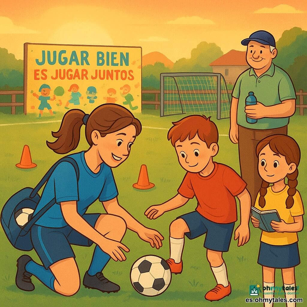 Una futbolista profesional sonriente y amable, cabello castaño en coleta, uniforme azul y botas en una bolsa, arrodillada enseñando a un niño a controlar el balón, rostro concentrado y cálido; Clara, 11 años, con dos trenzas y una libreta tomando notas a la derecha; Mateo, unos 9 años, pelo corto y mejillas sonrojadas, intentando un pase con el pie abierto tipo «plato», ligeramente adelantado, de timidez a orgullo; Tomás, conserje amable de unos 60 años con gorra al fondo junto a la valla, sonriendo y sosteniendo una botella; escenario: pequeño campo de pueblo al atardecer, hierba dorada por el sol, valla baja de madera, dos porterías gastadas y un gran mural infantil con la frase JUGAR BIEN ES JUGAR JUNTOS; entrenamiento amistoso al ocaso con pases y risas, balón en primer plano en movimiento, conos naranjas marcando el recorrido, ambiente cálido, colores saturados y contrastados, estilo vectorial limpio con líneas claras y rasgos suaves y legibles para niños.