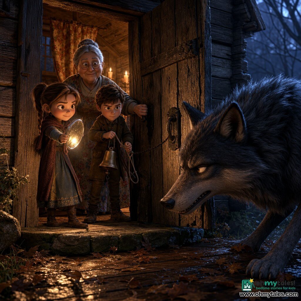 Four characters: Mila, 11, light chestnut hair in a ponytail, round face and brave smile, holding a small silver mirror reflecting a candle, standing left by the door looking out; Rowan, 11, short brown hair, focused, clutching a leather bell with string around his hand, beside Mila slightly back and ready to ring it; Grandmother, ~70, gray hair in a bun, gentle wrinkles, simple floral dress, standing behind the children with a hand on the door handle, calm and protective; the Big Bad Wolf, large, dark gray fur with bluish highlights, piercing yellow eyes and elongated muzzle, crouched on the outer threshold with a sly, menacing look. Setting: rustic wooden cottage front—weathered boards, old oak door with cracks, stone threshold, thick curtains glowing with warm candlelight—at dawn with weak golden light, long shadows and damp leaves on the porch. Main moment: tense scene with the door open a narrow crack; the candlelight and mirror reflection hit the wolf’s face making him recoil; Mila points the mirror, Rowan holds the bell ready, grandmother blocks the door; strong contrast between warm interior (orange/ochre) and cold exterior (gray-blue), clear expressions of defiance on the children and cunning in the wolf.
