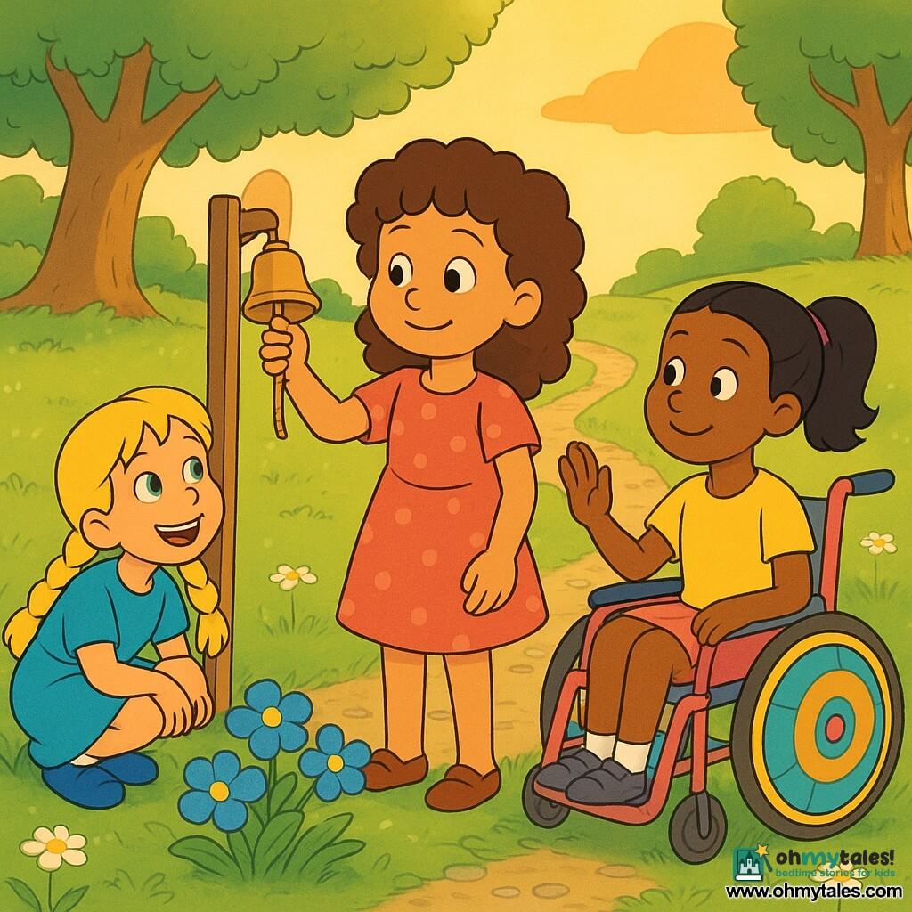 There are four characters: Mina, a ~9-year-old girl with curly brown hair in a simple polka-dot dress standing center and gently pulling the rope of a small metal bell on a wooden stand; Joy, a ~9-year-old blonde girl with two braids and a mischievous smile crouched left by a patch of bright blue flowers, watching the bell excitedly; Lila, a ~9-year-old girl with tied black hair in a tidy colorful wheelchair on the right, calmly poised with a raised hand encouraging Mina; and Sir Slow-and-Steady, a male tortoise with a large brown back painted with patterns and a small drawn gate on his shell, behind the children near daisies watching kindly. The setting is a grassy clearing called the Meadow of Maybe, threaded with silver light, lined with small blue flowers, a looping gray pebble path, a few smooth-trunked trees and a creamy late-afternoon sky bathing everything in golden light. The scene: the girls have reached the hilltop and Mina rings the bell, which gives a clear, gentle chime; the blue flowers guide the eye, pebbles crunch under wheels and feet, and the mood is calm, warm and slightly magical—a shared moment of decision and friendship.