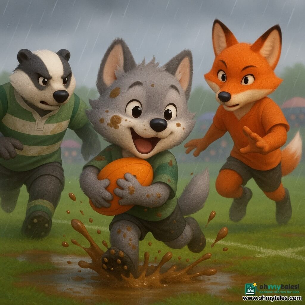 A young anthropomorphic wolf child with soft gray fur, bright round eyes and a joyful muzzle, mud-splattered, dashes toward the try line clutching an orange oval ball to his chest as a young fox teammate with vivid red fur runs beside him, concentrated and encouraging, reaching to pass from slightly behind and to his right, while a stocky badger teammate in a rain-soaked striped jersey, determined, blocks an opponent at the wolf’s left; the muddy rugby field has crushed dark green grass, reflective puddles, faded white lines, a gray rainy sky and spectators under colorful umbrellas in the background, capturing a dynamic final moment as the wolf slides and rolls through a puddle with animated mud splashes in a confident victory pose that conveys speed and camaraderie, rendered in saturated yet soft colors, smooth gradients, detailed mud textures and raindrops, centered action composition with a slight low-angle shot to emphasize the heroic gesture.