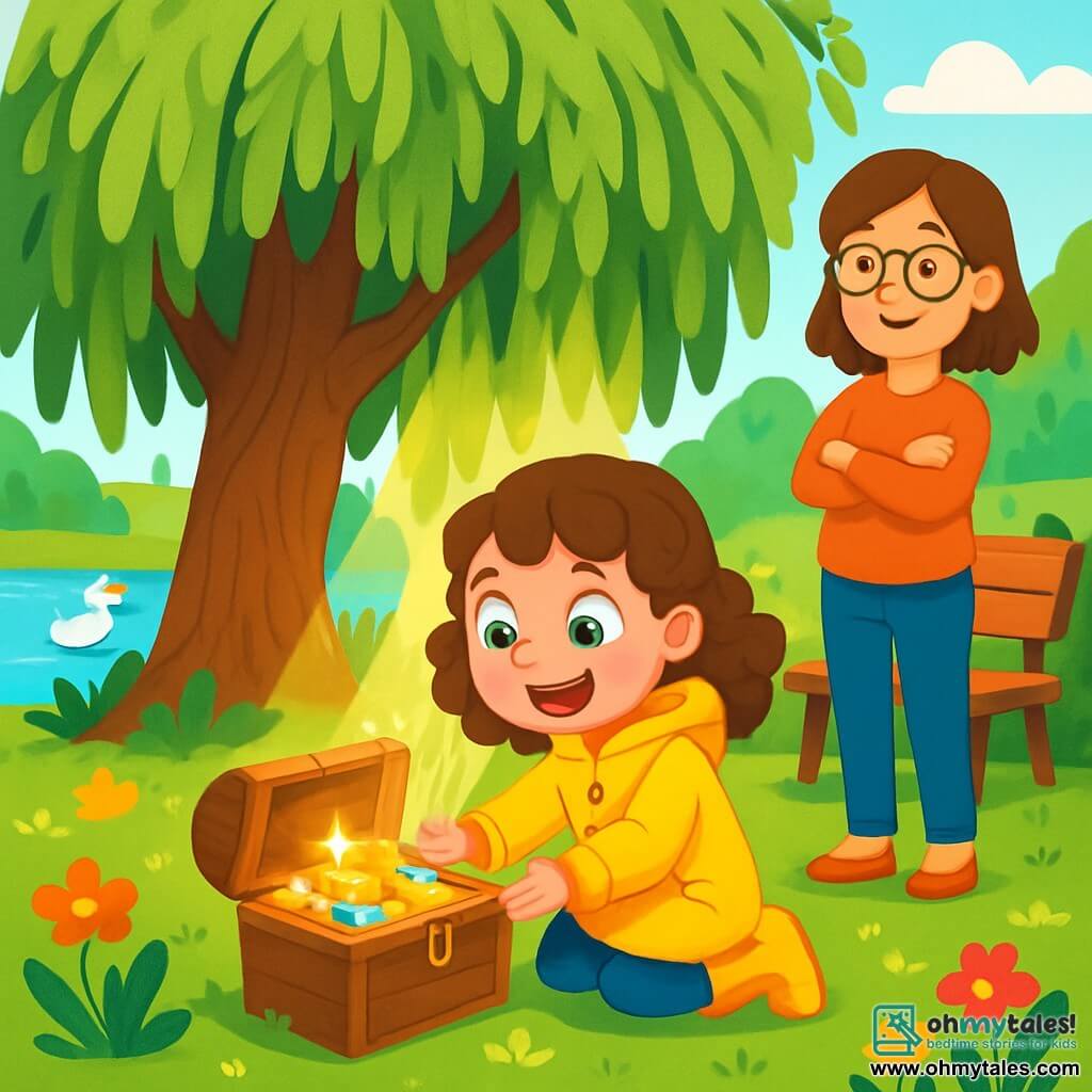 An 8-year-old girl named Molly, with curly brown hair and sparkling green eyes, is discovering a treasure hidden under a large old willow tree. She has a delighted smile, her cheeks are pink with excitement, and she wears a bright yellow raincoat with rubber boots. Next to her, a woman in her thirties, her mother, with brown hair and round glasses, watches her proudly with her arms crossed, standing near a wooden bench. The setting is a green park with colorful flowers, a sparkling pond, and ducks swimming peacefully. The main scene shows Molly kneeling, opening a small wooden chest, discovering shiny treasures, while rays of sunlight filter through the willow branches, illuminating her joyful face.