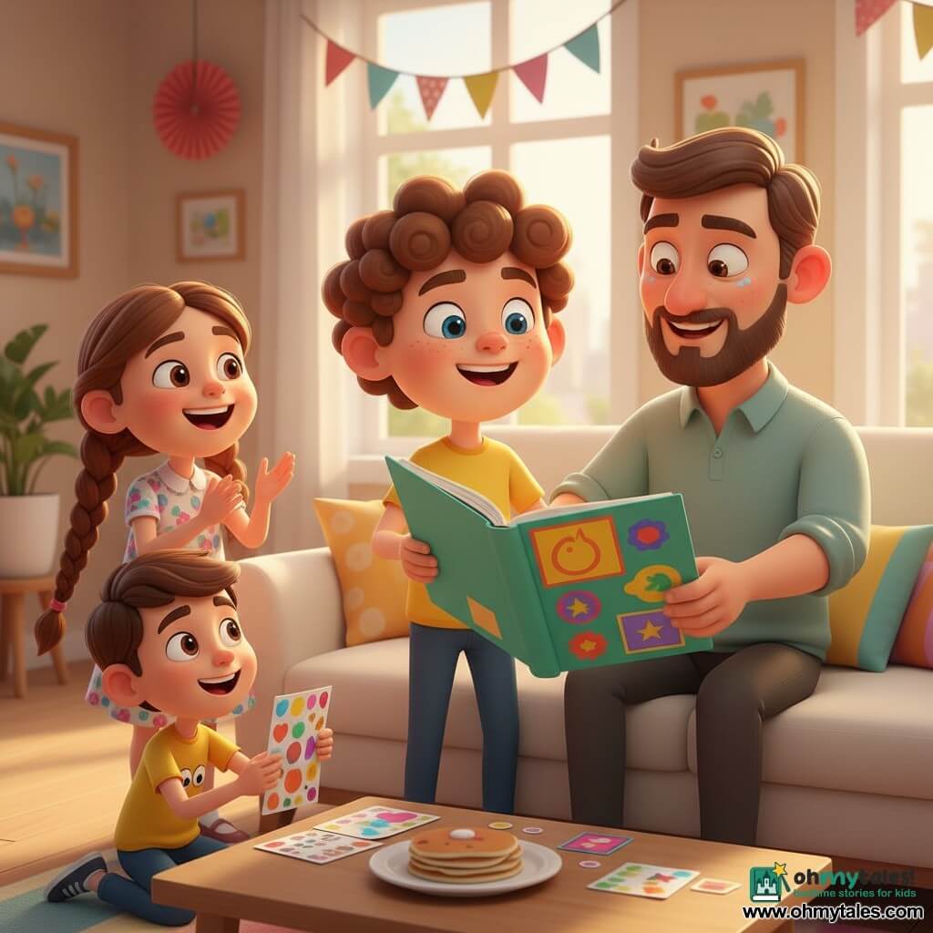 A 10-year-old boy with curly brown hair, sparkling blue eyes, a round face and light freckles proudly holds a large colorful scrapbook open toward his father; the father, about 40, with dark blond hair, a short beard and teary, smiling eyes, sits on a cream sofa turning a page; two other 10-year-old children—Mia, with long brown braids in a floral dress, standing left of the sofa laughing and clapping, and Ben, with short brown hair in a yellow t-shirt with googly eyes, crouched by a coffee table holding stickers—watch excitedly; the warm, bright living room has light wood floors, large windows with golden sunlight, colorful cushions, a small coffee table with pancakes, paper garlands on the wall, and the scene conveys a tender, festive moment with vivid colors, soft textures, golden lighting and crisp cel-shaded contrast.