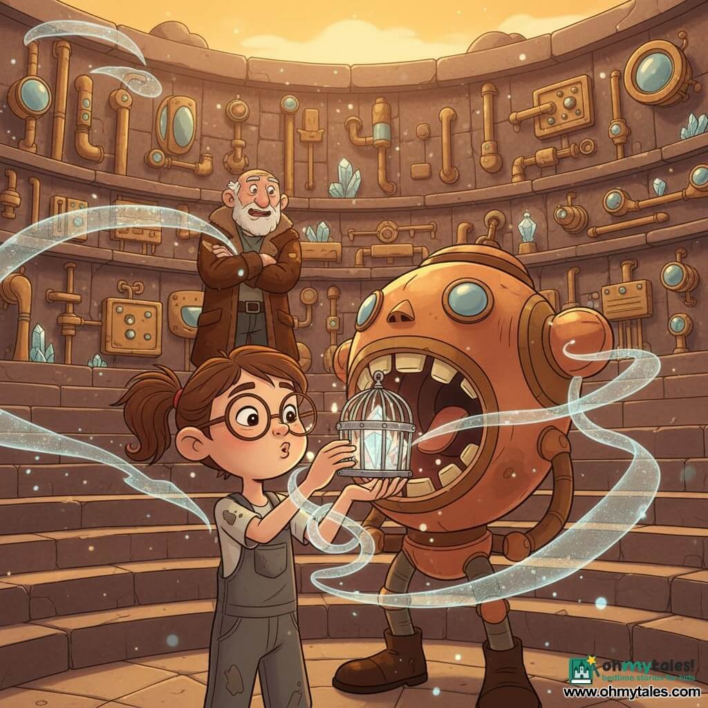 A smiling, focused 10-year-old girl named Mira with messy brown pigtails, round glasses and oil‑stained gray overalls delicately holds a small silver metal cage threaded with glowing filaments and blows on it like an instrument as her nonhuman companion Syl — a living ribbon of shimmering metal and translucent air that coils around her wrist leaving blue and silver light trails and looks mischievously protective — helps while an elderly Windkeeper of about 70 with a wrinkled face, short white beard and a thick brown leather coat stands back on the spiral stone tiers watching with astonishment and apprehension in a semicircular cliffside amphitheater studded with brass devices, pipes, lenses and crystals and floating colored mists, as Mira installs the crystal cage into the mouth of a large copper Harmonizer and Syl weaves ribbons of air around the machine, the scene bathed in golden sunset light illuminating dust and particles.
