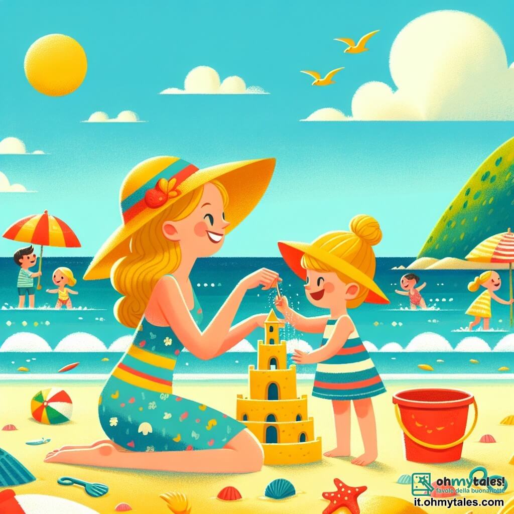 Una bambina di 2 anni, gioiosa e sorridente, con capelli biondi ricci, indossa un bel cappello giallo e un costume da bagno a righe colorate. È seduta sulla sabbia dorata, con le mani piene di sabbia, mentre costruisce un grande castello di sabbia con uno sguardo meravigliato. Accanto a lei, la mamma, una donna di circa 30 anni con lunghi capelli castani raccolti in uno chignon, sorride guardando la figlia. Tiene un secchiello rosso pieno di conchiglie colorate e sta in piedi vicino all'acqua, con i piedi nell'acqua chiara e blu. Il luogo è una spiaggia soleggiata, con ombrelloni colorati, onde dolci che si infrangono sulla riva e bambini che giocano in lontananza. Il cielo è di un blu brillante, punteggiato da alcune nuvole bianche e soffici. La scena principale mostra la bambina, piena di entusiasmo, mentre costruisce il suo castello di sabbia, mentre la mamma la incoraggia e ammira la sua opera, creando un'atmosfera di felicità familiare e avventura estiva.