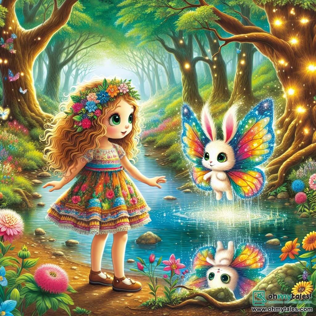 A 9-year-old girl named Lily stands by a sparkling stream, her big green eyes shining with wonder. She has curly golden hair that gently floats in the breeze, and she wears a colorful flower-adorned dress. Lily leans forward, fascinated by her reflection in the water, where she sees images of kindness and adventures. Next to her is a small magical creature named Flitter, a rabbit with butterfly wings, joyfully flying in the air. Flitter is colorful, with shimmering wings that shine like rainbows, smiling enthusiastically and encouraging Lily to discover the beauty of truth. The setting is an enchanted forest with majestic trees, sparkling leaves, vibrant flowers whispering secrets, and a crystal-clear stream reflecting the bright colors of the surrounding nature. Sun rays filter through the branches, creating a magical and warm atmosphere. The main scene shows Lily and Flitter by the stream, Lily gazing at her reflection in wonder while Flitter encourages her to explore the lessons of kindness and truth symbolized by the images in the water.
