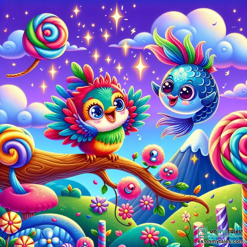 Un pequeño pájaro colorido, con plumas brillantes de rojo, azul, verde y amarillo, se posa en una rama de un árbol de azúcar, sonriendo. Sus ojos brillan de emoción mientras canta alegremente una canción divertida. A su lado, un pez volador con escamas brillantes de azul y plata, grandes ojos redondos y una sonrisa traviesa, hace piruetas en el aire, añadiendo un toque de magia a la escena. El decorado es una isla fantástica, con un cielo morado brillante y nubes que parecen de algodón de azúcar. Árboles con troncos de caramelo y flores con rostros sonrientes rodean el paisaje, creando una atmósfera alegre y lúdica. La situación principal muestra al pájaro y al pez cantando juntos, rodeados de risas y colores vivos, mientras se preparan para entrar en la montaña de las risas, donde un gran gato bailarín los espera con un sombrero extravagante.