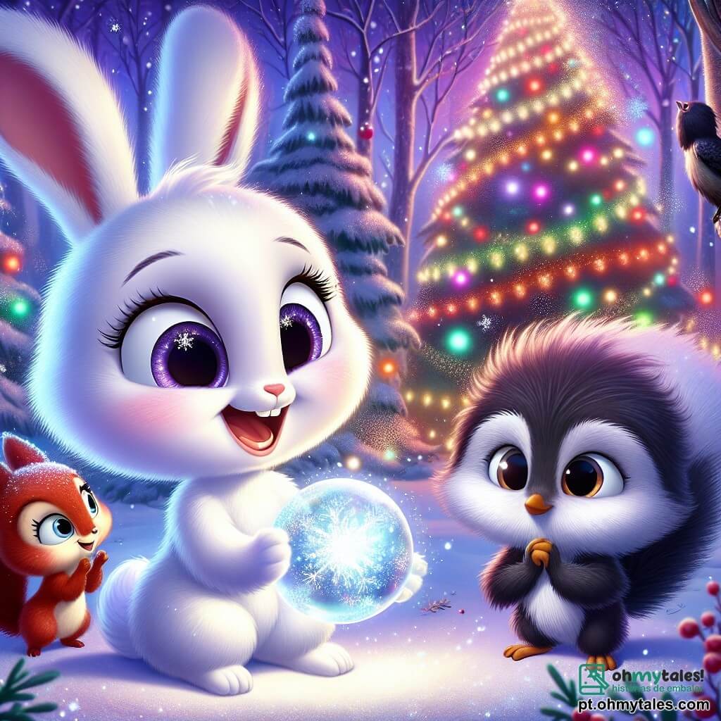 No centro da imagem, Lia, a coelhinha, está alegre e vibrante, com um pelo macio e branco, grandes orelhas em pé e olhos brilhantes de felicidade. Ela segura uma magnífica bola de cristal cintilante, cercada por flocos de neve que caem suavemente ao seu redor. À sua direita, Tico, o pequeno esquilo, está curioso e encantado, com um pelo ruivo e uma pequena cauda peluda. Ele observa a bola de cristal com os olhos arregalados, suas pequenas patas levantadas como se quisesse tocar a magia. À esquerda, Bia, a sábia corvo, despliega suas asas negras e brilhantes, com um olhar atento e um sorriso suave, observando a cena com orgulho. A cena se passa em uma floresta encantada, onde as árvores estão cobertas de neve brilhante e luzes coloridas iluminam o ambiente. Uma grande árvore de Natal se ergue ao centro, decorada com guirlandas cintilantes e bolas coloridas, criando uma atmosfera festiva e acolhedora. A situação principal mostra Lia fazendo um pedido com a bola de cristal, enquanto estrelas cintilantes começam a aparecer no céu, simbolizando a magia do Natal que se instala na floresta, reunindo todos os animais para celebrar juntos.