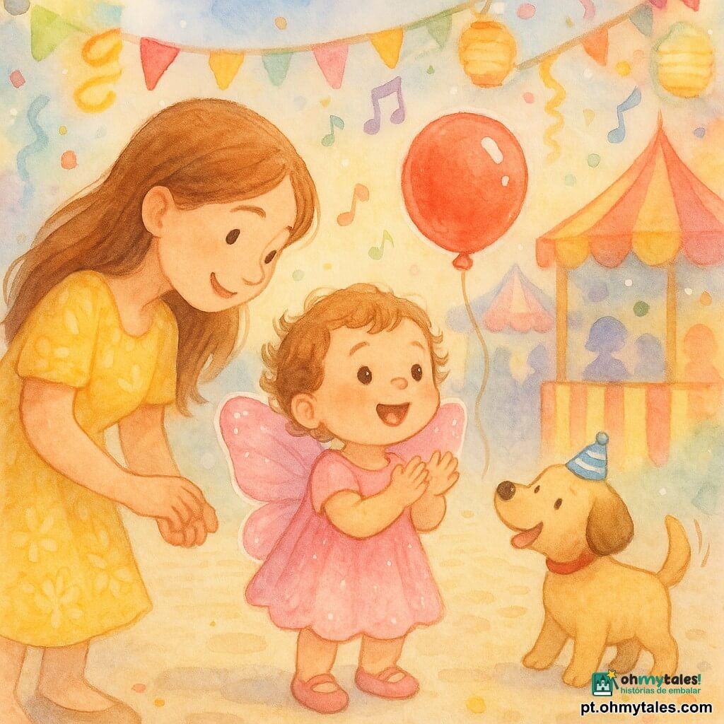 Uma menina de 2 anos, sorridente e encantada, cabelos castanhos curtos e cacheados, bochechas rosadas, veste um vestido de borboleta rosa com asas brilhantes, bate palmas e olha para um balão vermelho flutuante; à esquerda, a mãe, cerca de 28 anos, cabelos castanho-escuros longos, vestido amarelo estampado, segura a mão da menina e sorri inclinando-se; à direita, um cão macho amigável de pelo bege com um pequeno chapéu azul listrado abana o rabo junto aos pés; rua de carnaval colorida e ensolarada, calçada clara, guirlandas de papel multicoloridas, serpentinas, lanternas, confetes e barracas listradas ao fundo, silhuetas e notas coloridas sugerem música e dança; estilo aquarela suave, paleta pastel viva, textura de papel visível, realces a caneta gel branca nos olhos e no balão.