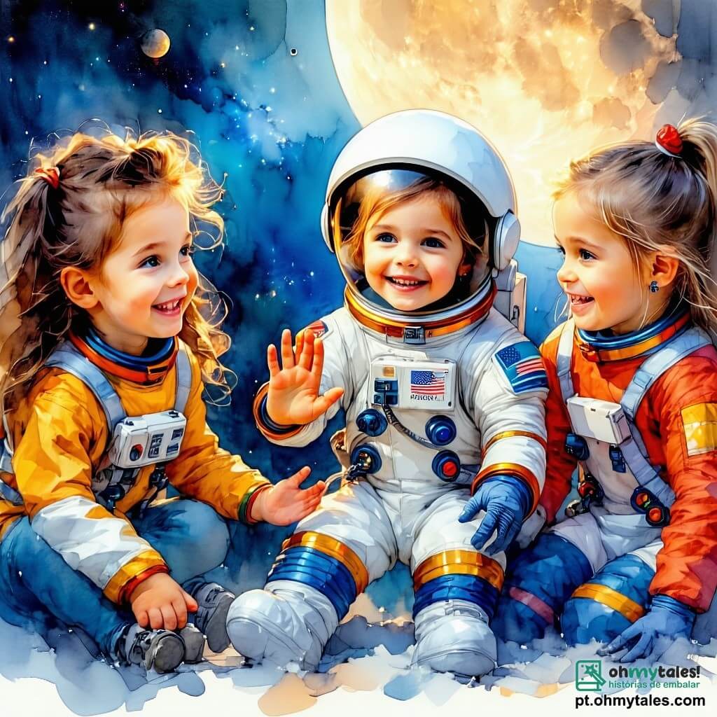 No centro da imagem, Mia, uma menina de 8 anos com cabelos cacheados e castanhos, veste um traje espacial colorido e sorri alegremente acenando. À sua direita, Luna, outra menina de 8 anos com cabelos longos e loiros, observa com admiração um pequeno módulo espacial, seus olhos brilhando de curiosidade. À esquerda, Sofia, uma menina de 8 anos com cabelos curtos e castanhos, está agachada consertando a nave com ferramentas futuristas, concentrada e determinada. O cenário é uma floresta exuberante, cheia de árvores gigantes com troncos grossos e folhas verdes vibrantes, com flores coloridas ao redor do módulo espacial. Raios de sol filtram através da folhagem, criando uma atmosfera mágica e acolhedora. Em primeiro plano, Zog, um extraterrestre amigável de cor esmeralda com grandes olhos brilhantes, está ao lado das meninas, sorrindo com gratidão. A cena mostra o momento em que as meninas, cercadas pela natureza, trabalham juntas para consertar a nave de Zog, simbolizando a amizade intergaláctica e a cooperação.