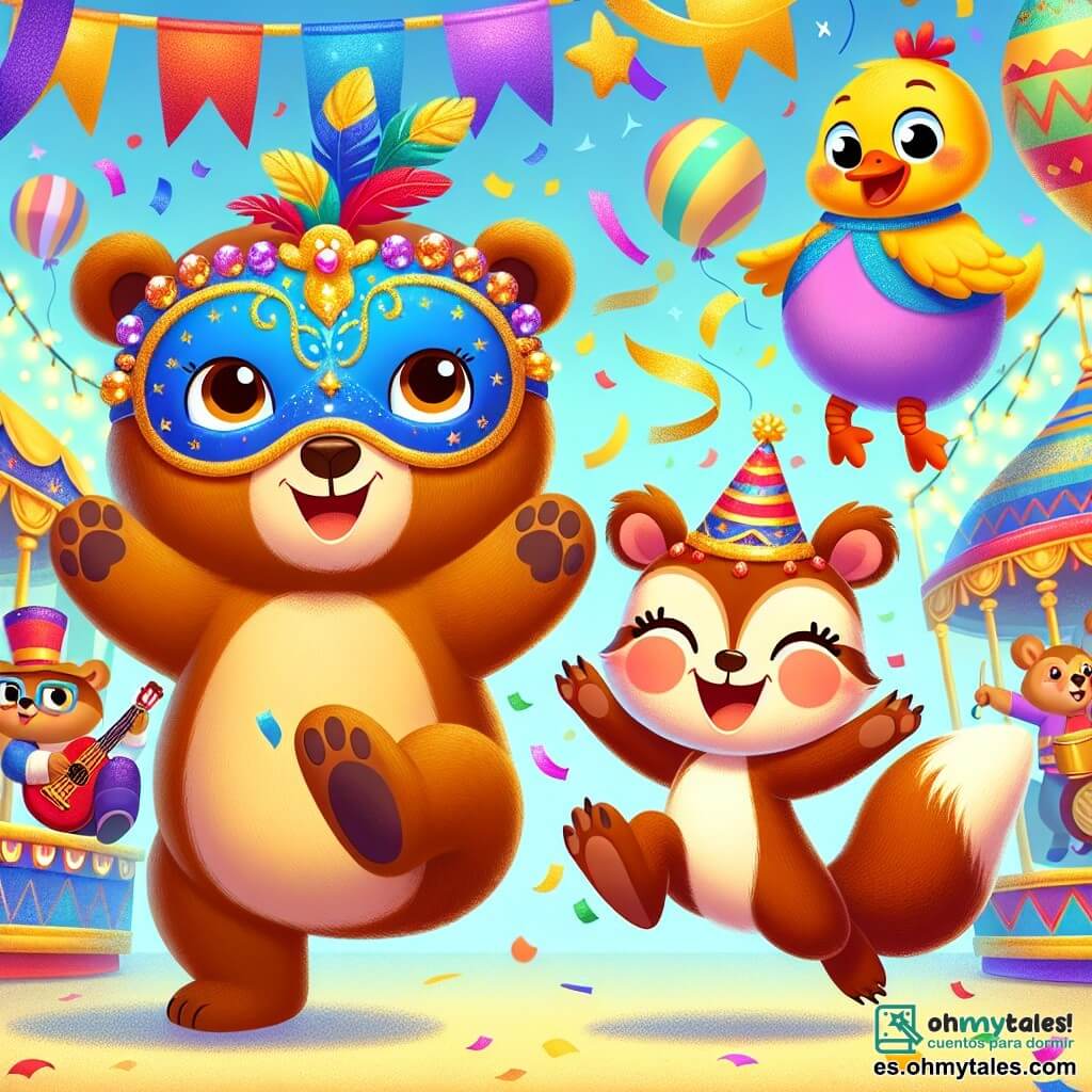 Bruno, un adorable oso marrón con pelaje suave y ojos brillantes de alegría, lleva una hermosa máscara azul adornada con estrellas doradas. Baila con entusiasmo en medio de una escena de carnaval, con una gran sonrisa iluminando su rostro. A su lado, Gabi, una pequeña ardilla de ojos vivos y pelaje rojizo, lleva un sombrero colorido y salta de alegría, con sus patas delanteras levantadas. Un poco más lejos, Tino, un pato sonriente con plumas amarillas brillantes y una capa multicolor, hace piruetas riendo, sumando a la atmósfera festiva. El lugar es un carnaval mágico, lleno de colores vibrantes: carros decorados con flores, guirnaldas luminosas colgando en el aire y confeti flotando a su alrededor. La situación principal muestra a Bruno, Gabi y Tino bailando juntos, rodeados de la magia del carnaval, compartiendo risas y momentos de alegría, ilustrando la amistad y la celebración.