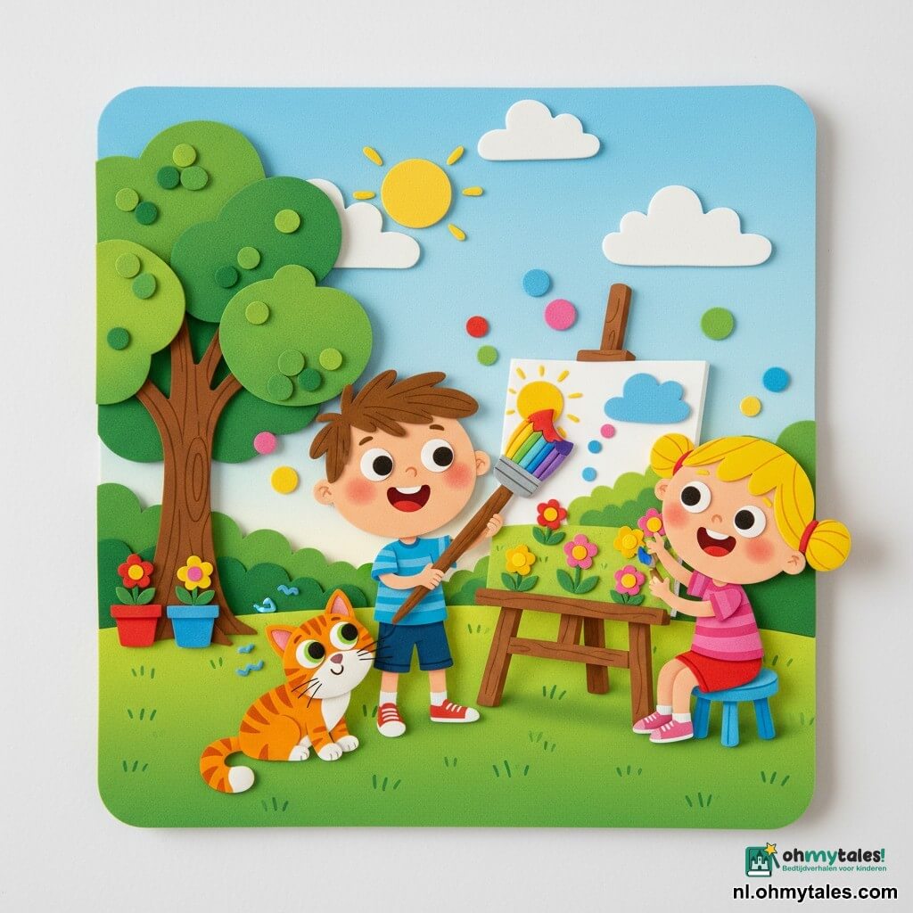 Hoofdpersoon Tim, ongeveer 7 jaar, rond gezicht, warrig bruin haar, enthousiast glimlachend, staat met een grote gekleurde penseel bij een houten ezel; Emma, ongeveer 7 jaar, blond met twee vlechtjes, zit op een krukje en schildert gele en roze bloemen rechts op het schilderij; katten Minoes, oranje-witte tijger vacht en groene ogen, spint en strijkt langs Tims benen; zonnige, rustige tuin met groen gras, een grote boom links, rijen bloemenpotten en een zacht blauwe lucht met zon en lange namiddagschaduwen; samen schilderen Tim en Emma een groot, kleurig tuinlandschap vol speelse verfspatten en samenwerking.