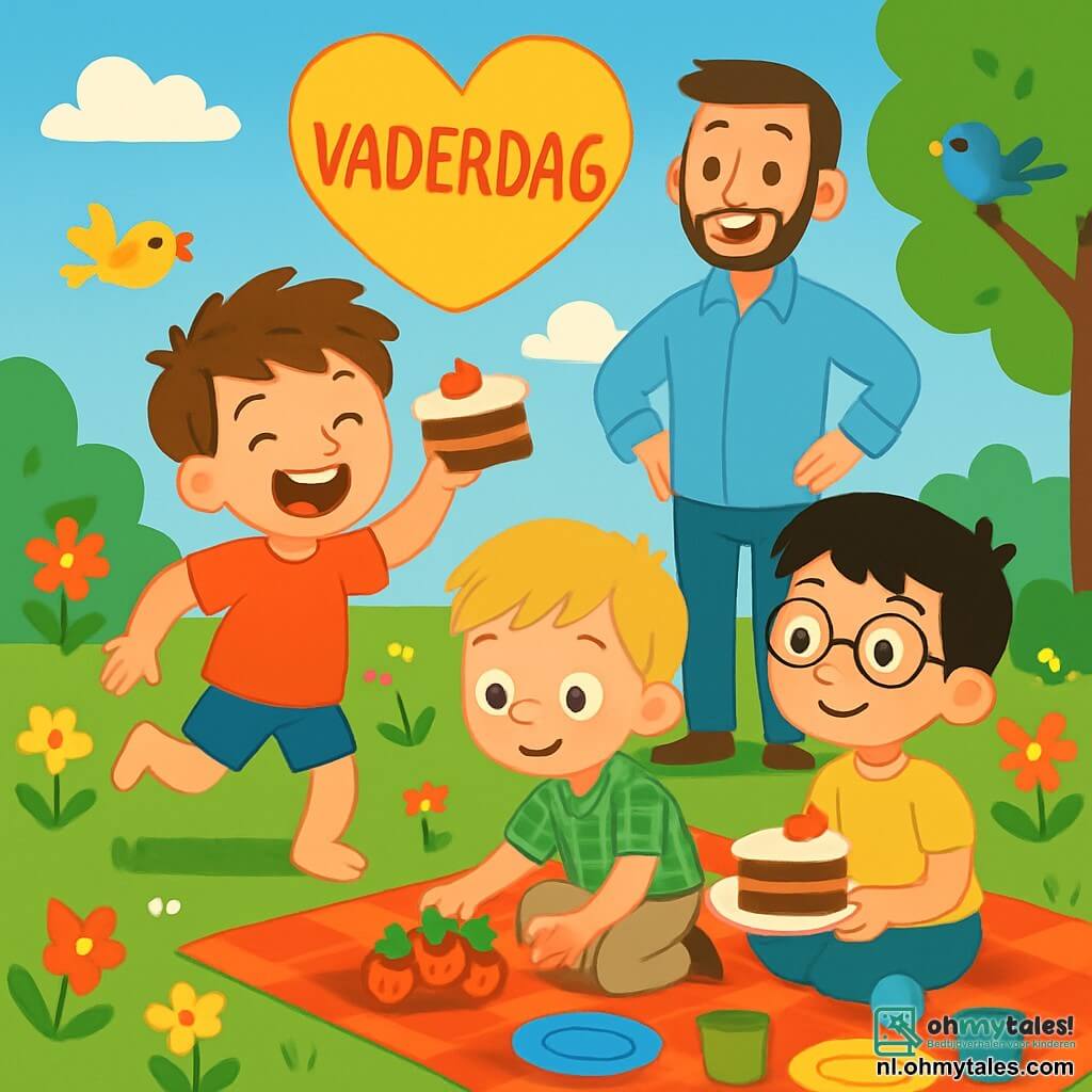 Er zijn 3 personages: - Max: een 6-jarig jongetje met rommelig bruin haar en een grote glimlach. Hij draagt een rode t-shirt en een blauwe short. Hij staat enthousiast te springen met een stuk taart in zijn hand. - Finn: een 5-jarig jongetje met blond haar en sproeten op zijn neus. Hij draagt een groen geruit shirt en een beige broek. Hij zit op zijn hurken aardbeien op te rapen met een nieuwsgierige blik. - Sam: een 7-jarig jongetje met zwart haar en ronde bril. Hij zit op een picknickdeken, glimlacht en houdt een bord met taart vast, klaar om aan zijn papa te serveren. De locatie is een zonnige tuin vol kleurrijke bloemen en groene bomen. Een grote rode deken ligt op het groene gras, met kleurrijke borden en bekers eromheen. De lucht is blauw met een paar donzige witte wolken en vogels zingen in de bomen. De situatie toont de drie jongens die de vaderdag vieren met een vrolijke picknick. Ze lachen en zingen, omringd door zelfgemaakte lekkernijen, terwijl hun papa met een grote glimlach arriveert en de kleurrijke en blije verrassing ontdekt.