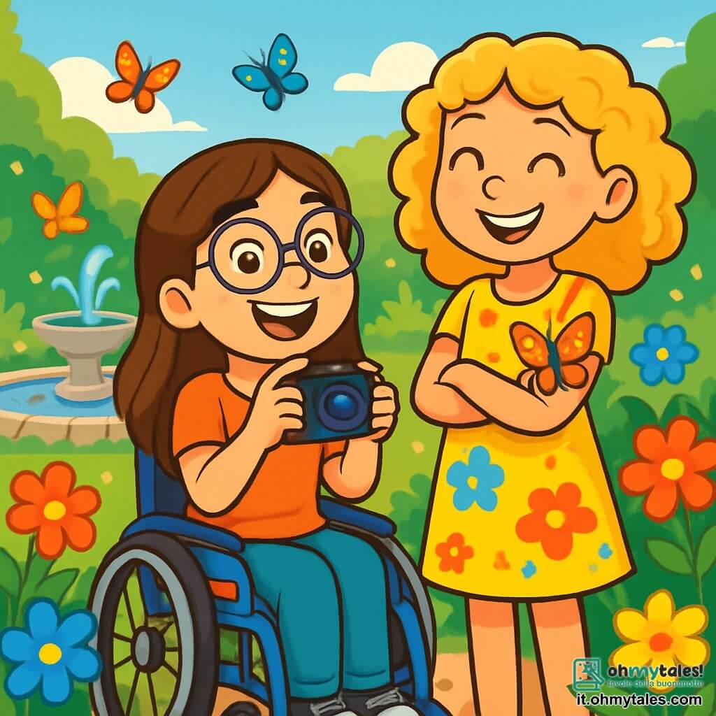 Ci sono 2 personaggi principali: Sofia, una ragazza di 10 anni con lunghi capelli castani e occhiali rotondi, seduta in una bella sedia a rotelle decorata con adesivi colorati, sorride con entusiasmo mentre tiene una piccola macchina fotografica; e Giulia, una ragazza di 10 anni con capelli biondi ricci e un vestito a fiori, in piedi accanto a Sofia con le braccia incrociate e un grande sorriso. La scena si svolge in un giardino incantevole, pieno di fiori dai colori vivaci come rosso, giallo e blu. Al centro, una piccola fontana mormora dolcemente, circondata da pietre lisce. Farfalle colorate volano tra i fiori, sotto un cielo azzurro punteggiato di nuvole bianche. Sofia e Giulia stanno scattando una foto insieme, catturando un momento di gioia e amicizia, mentre una farfalla colorata si posa delicatamente sul braccio di Giulia.