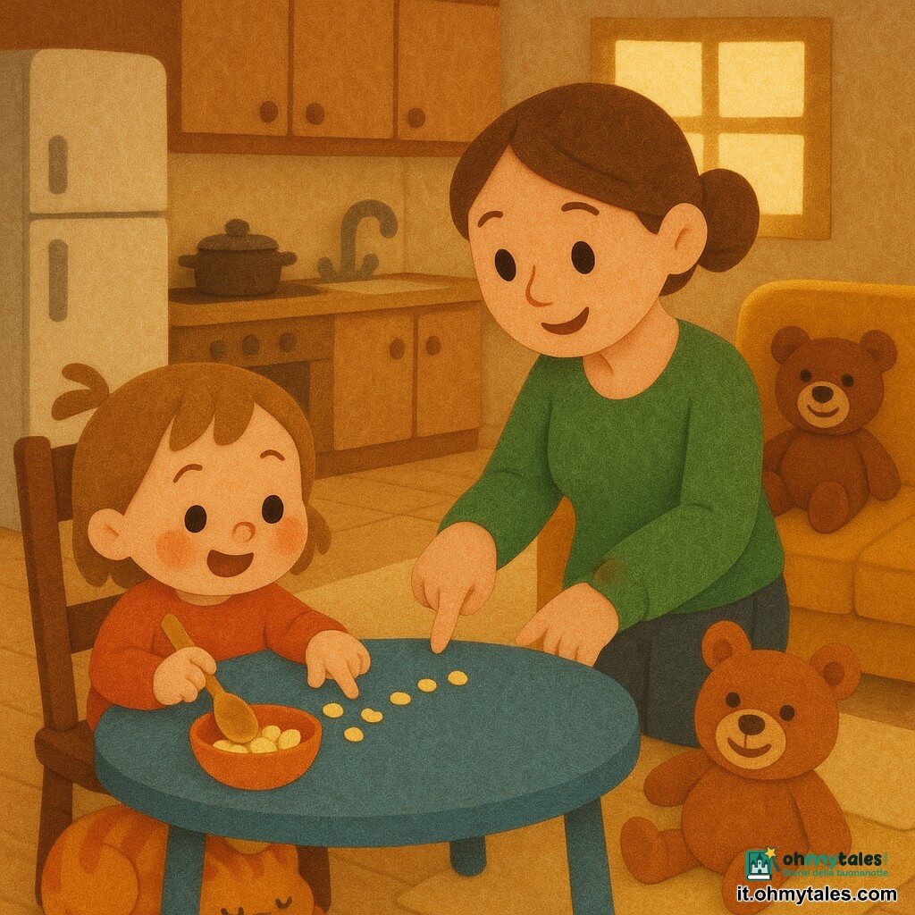 Bambina di 2 anni, gioiosa e concentrata, capelli corti castano chiaro, guance rosa e occhi vivaci, tiene un cucchiaio di legno e segue con le dita una traccia di minuscoli pezzi di banana; mamma di circa 30 anni, espressione dolce e sorridente, capelli raccolti, in piedi vicino al tavolo della cucina indica la pista di briciole; Pio il gatto, grande tigrato arancione, dorme rannicchiato sotto la sedia con il pancino rotondo in vista; Nino l’orsacchiotto, peluche marrone dal muso sorridente, è sul divano con macchie gialle di banana sulla bocca; cucina-soggiorno luminoso, pavimento in legno chiaro, tavolo rotondo blu con un piccolo piatto vuoto, tappeto beige, divano color senape, luce morbida di tardo pomeriggio; scena principale: la piccola detective segue la pista di pezzi di banana dalla tavola al divano; toni caldi, consistenze effetto feltro evidenti, forme semplici e contrastate per una resa chiara e leggibile per i bambini di 2 anni.
