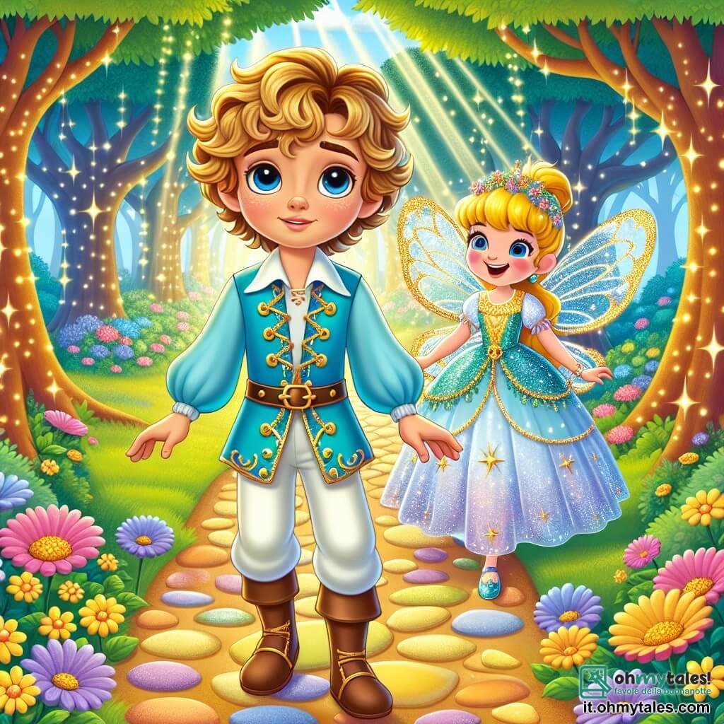 Un giovane principe di nome Leo, di circa 10 anni, si trova al centro della scena, con capelli biondi ricci e occhi pieni di curiosità. Indossa una tunica azzurra decorata con motivi dorati e pantaloni bianchi, sorridendo con meraviglia, pronto a esplorare la foresta incantata. Accanto a lui, una piccola fata luminosa di circa 7 anni, con ali scintillanti e un vestito di petali di fiori, vola gioiosamente attorno a lui, incoraggiandolo con un sorriso caloroso. La scena si svolge in una foresta incantata, con alberi maestosi le cui foglie brillano come stelle al sole e un sentiero di pietre scintillanti che si snoda tra fiori colorati. Raggi di luce filtrano tra i rami, creando un'atmosfera magica e accogliente. Leo è sul punto di attraversare un ponte di nuvole soffici, con un'espressione di determinazione ed eccitazione, mentre la fata lo incoraggia a proseguire, segnando l'inizio della sua avventura piena di magia e scoperte.