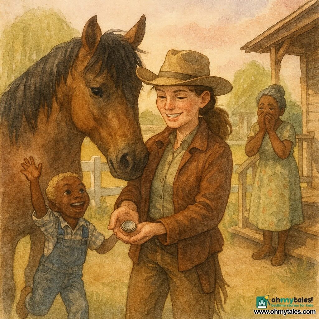 A sun-freckled cowgirl (adult woman) with brown ponytail, determined smile, worn hat, brown leather jacket and dusty boots holds a small silver locket in her palm and strokes her horse’s chest; a blond ~8-year-old boy in a plaid shirt and overalls runs toward her with arms raised, amazed, in front of a white ranch fence; Miss Nellie (adult woman) with graying hair in a bun, a simple floral dress and hands over her mouth cries with joy while holding the other half of the locket, standing by a wooden porch; the horse Bandit, a large chestnut with a messy black mane and pricked ears, is foreground left with his muzzle near the cowgirl’s hand; setting: late-afternoon ranch with worn white fences, weeping willows, golden fields and a pink sky; main scene: warm moment of the cowgirl returning the locket to the ranch woman as the boy applauds, relief and joy, centered composition, soft watercolor colors and detailed wood, leather and metal textures.