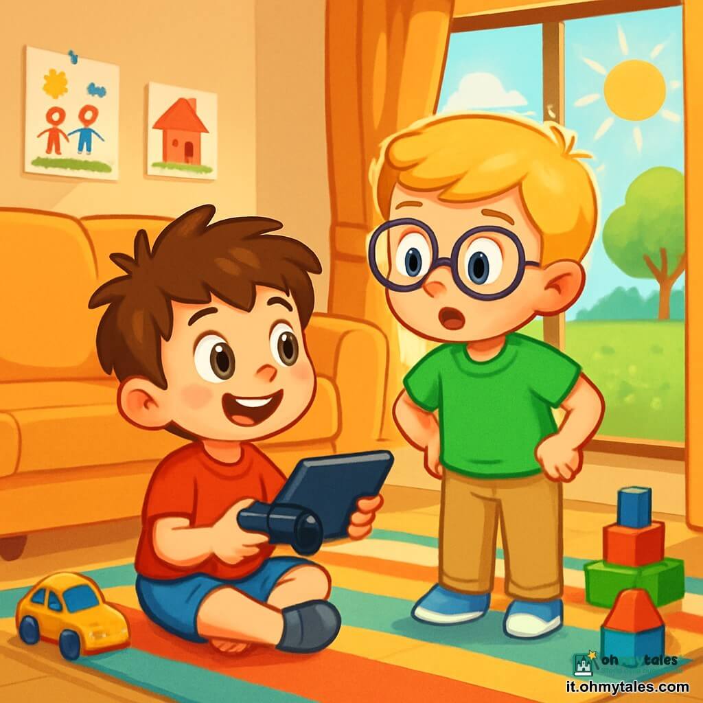 Ci sono 2 personaggi principali: Luca, un ragazzo di 6 anni con capelli castani e occhi vivaci, indossa una maglietta rossa e pantaloni corti blu, seduto sul tappeto con un grande sorriso e un controller in mano; Matteo, un ragazzo di 6 anni con capelli biondi e occhiali rotondi, indossa una maglietta verde e pantaloni beige, in piedi accanto a Luca, guarda il tablet con curiosità, con le mani sui fianchi. Il luogo è un soggiorno luminoso e accogliente, con un grande divano morbido e un tappeto colorato, giocattoli sparsi sul pavimento e una finestra che lascia entrare la luce del sole, illuminando le pareti decorate con disegni di bambini. La situazione principale mostra Luca e Matteo che decidono se giocare con la console o esplorare il giardino soleggiato all'esterno, sembrano emozionati e un po' indecisi, circondati dai loro giocattoli e dal calore del sole che filtra dalla finestra.