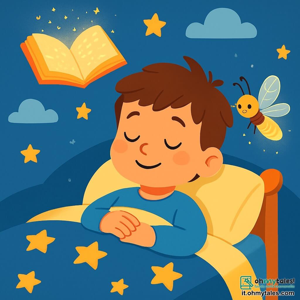 Un bambino di 4 anni, con i capelli castani disordinati e gli occhi pieni di curiosità, è sdraiato su un letto accogliente. Il suo viso esprime serenità, con un leggero sorriso sulle labbra. È avvolto in una coperta stellata, con le braccia tranquille sul ventre. Accanto a lui, una piccola lucciola luminosa, con ali scintillanti e un bagliore dorato, danza dolcemente nell'aria, illuminando la scena con una luce calda e rassicurante. Il luogo è una camera magica, con pareti dipinte di azzurro cielo e nuvole bianche fluttuanti. Stelle dorate brillano sul soffitto, creando un'atmosfera dolce e sognante. Un libro di luce, aperto su una pagina scintillante, fluttua sopra il letto, con parole luminose che danzano nell'aria. La situazione principale mostra il ragazzo che chiude gli occhi, pronto a addormentarsi, mentre la lucciola lo circonda con la sua luce dolce, creando un momento di calma e benessere, come un dolce sogno che inizia a prendere forma.