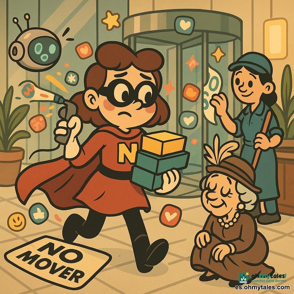 Una superheroína, Nerea, con aire concentrado y algo apenada, rostro redondeado, cejas arqueadas, capa roja ondeando, máscara negra sencilla y pelo castaño corto, sostiene tres cajas y una etiquetadora que lanza pegatinas coloridas; un pequeño dron robot llamado Pipo, cuerpo metálico redondo y ojos LED azules, vuela junto a su hombro proyectando un mapa en miniatura; Lola, mujer adulta y conserje de uniforme azul, sonríe suavemente mientras quita con calma una pegatina gigante de una planta junto al mostrador; una señora mayor elegante con sombrero de plumas está frente a Nerea, aliviada y sujetándose la falda, con una pegatina "NO MOVER" en el suelo a su lado; todo ocurre en un gran vestíbulo de hotel moderno de cristal y mármol con macetas gigantes, mostrador de madera pulida y una gran puerta giratoria de vidrio que refleja las pegatinas; escena cómica con pegatinas volando, la puerta girando lentamente, Nerea intentando controlar la etiquetadora para evitar más caos, iluminación cálida, tonos pastel y líneas suaves estilo "rubber hose".
