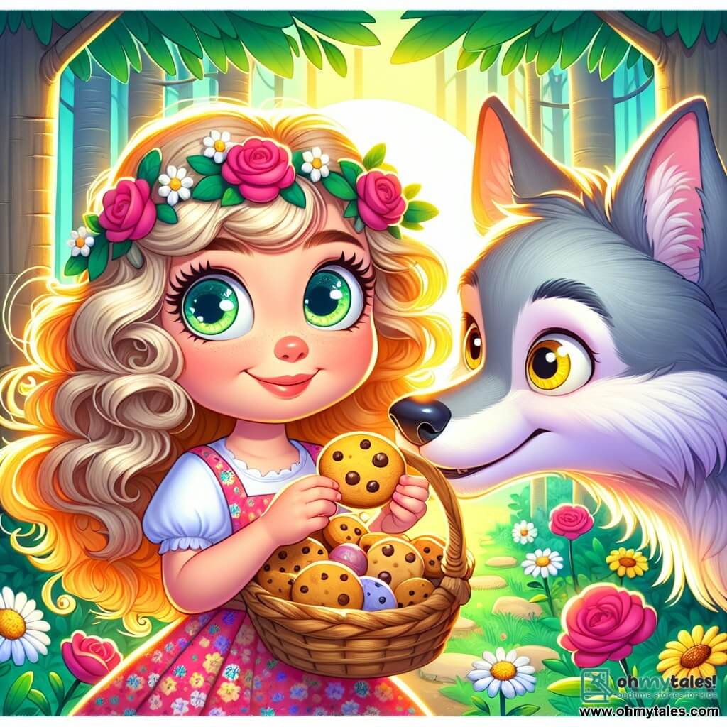 An 8-year-old girl named Lily stands at the center of the scene, with big sparkling eyes full of curiosity and a warm smile. She has long, curly golden-blonde hair and wears a colorful flower dress. In her hands, she holds a basket filled with delicious cookies, the sweet scents wafting around her. Beside her stands the big bad wolf, who isn't so bad after all, slightly hunched over with shiny silver-gray fur glistening in the sun. His initially fearful yellow eyes now show a glimmer of curiosity and friendship. He takes a bite of a cookie, his expression transforming into surprise and happiness. The setting is the Whispering Woods, a magical place with majestic trees and vibrant green leaves. Colorful flowers grow around them, and sunlight filters through the foliage, creating a warm and welcoming atmosphere. The main situation shows Lily offering a cookie to the wolf, symbolizing their newfound friendship. They share a joyful moment, surrounded by the beauty of nature, illustrating that kindness can overcome fear.