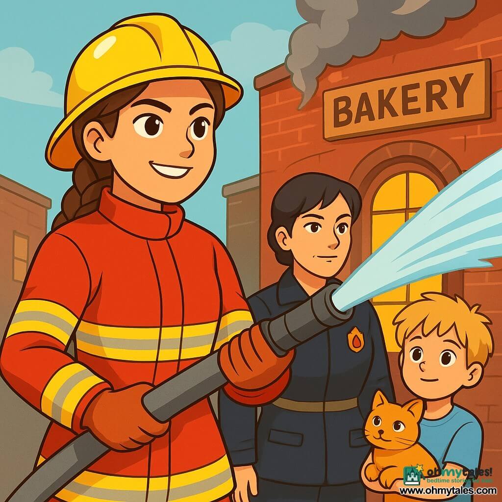 A young firefighter, Maya, with braided brown hair, wears a bright red firefighter suit and a shiny yellow helmet. She has a determined and confident look, and her smile shows her passion for helping others. She is holding a large fire hose, ready to douse a fire. Next to her, Rosa, the captain, a woman in her forties with short black hair and piercing eyes, watches the scene attentively. She wears a firefighter jacket with insignia and appears calm and reassuring. In the background, an eight-year-old boy with messy blonde hair watches in admiration. He holds a small orange cat in his arms, his eyes shining with hope and gratitude. The scene takes place in front of a red brick bakery, with a wooden sign and illuminated windows. Smoke gently rises from the chimney, creating an atmosphere of tension mixed with hope. Maya and her team are about to extinguish a small fire that broke out in the bakery, while the boy and his cat wait safely, witnessing this heroic moment.
