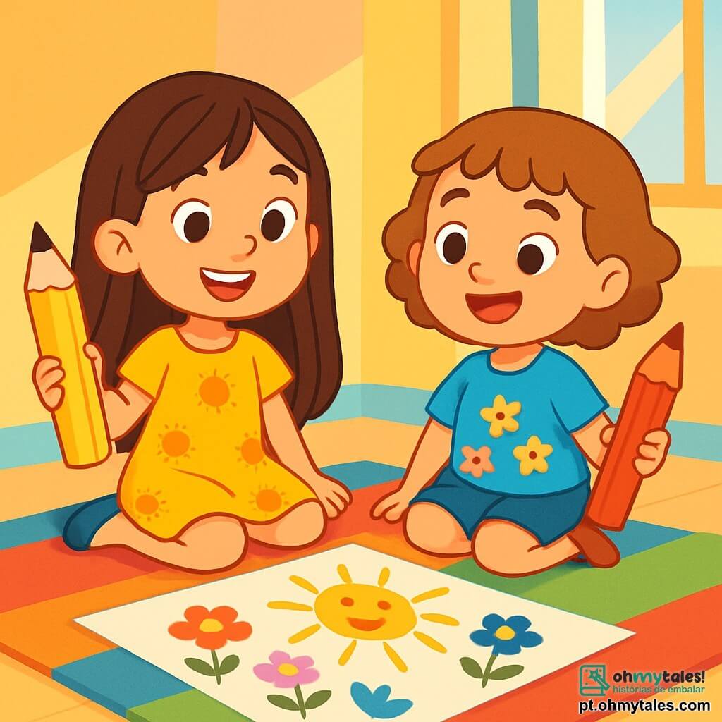 Há 2 personagens principais: - Sofia: uma menina de 7 anos, com longos cabelos castanhos e olhos brilhantes. Ela usa um vestido amarelo com padrões de sol e segura um grande lápis amarelo na mão. - Ana: uma menina de 6 anos, com cabelos curtos e cacheados, de cor castanho claro. Ela veste uma camiseta azul com flores e segura um lápis vermelho na mão. As duas meninas estão sentadas em um tapete colorido em uma sala iluminada, cercadas por paredes pintadas em tons pastel. No chão, uma grande folha branca está espalhada, coberta de desenhos coloridos de flores e de um grande sol radiante. A cena principal mostra Sofia e Ana, sorridentes e orgulhosas, admirando seu desenho. Seus corações estão cheios de alegria e orgulho, enquanto um suave raio de sol entra pela janela, iluminando o ambiente e destacando suas criações.