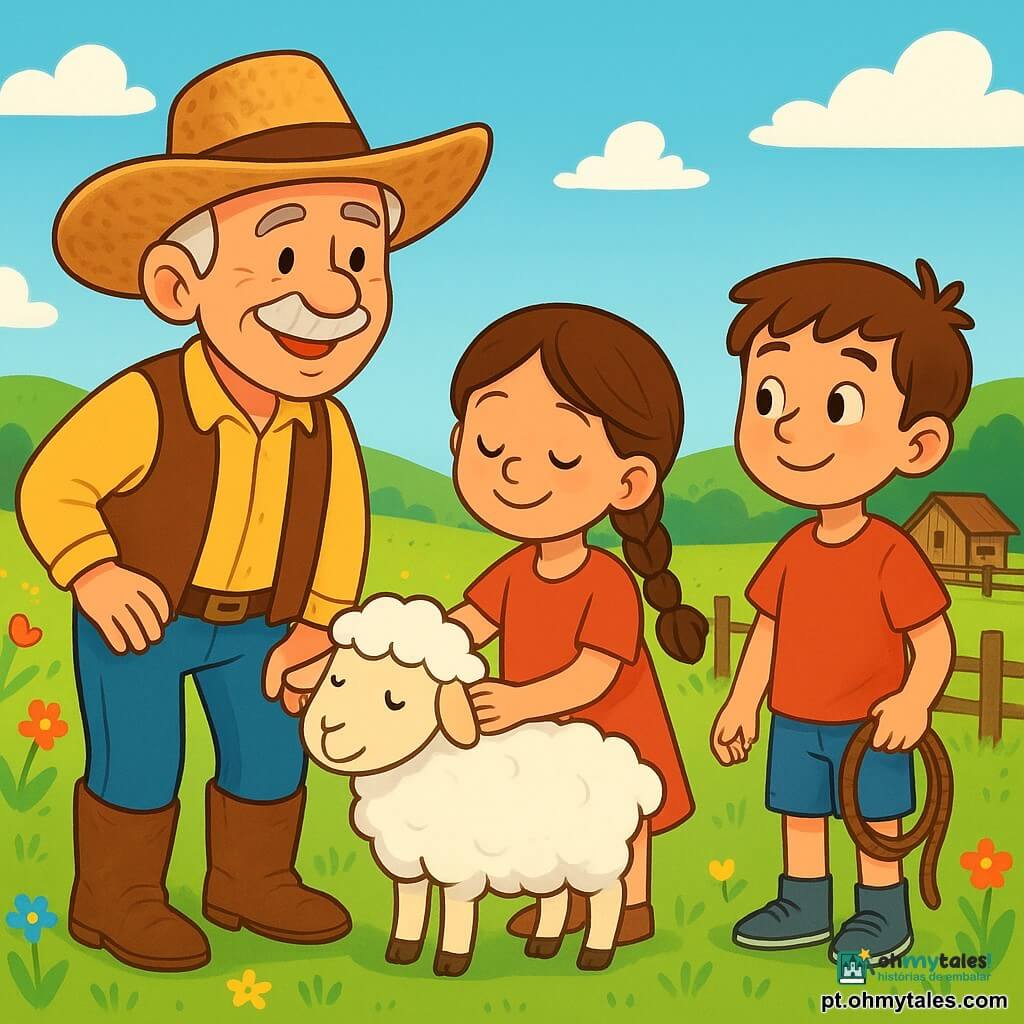 Um homem cowboy sorridente, chamado João, usa um grande chapéu de palha e botas de couro desgastadas. Seu rosto é marcado por rugas de sabedoria e seus olhos brilham de orgulho enquanto observa seus amigos. Ao seu lado, uma menina de 8 anos, Maria, com cabelos castanhos trançados, acaricia suavemente uma ovelha branca. Um menino de 7 anos, Tomás, com uma camiseta vermelha e um short de jeans, segura uma corda e olha para João com admiração. A cena acontece em um vasto campo verde, cheio de flores silvestres coloridas e colinas onduladas sob um céu azul. Ao longe, vê-se um pequeno rancho de madeira cercado por cercas de madeira envelhecida. João ensina as crianças a cuidar das ovelhas, mostrando como guiá-las com suavidade e paciência. A atmosfera é alegre e cheia de energia, com risadas de crianças e o suave som dos animais.