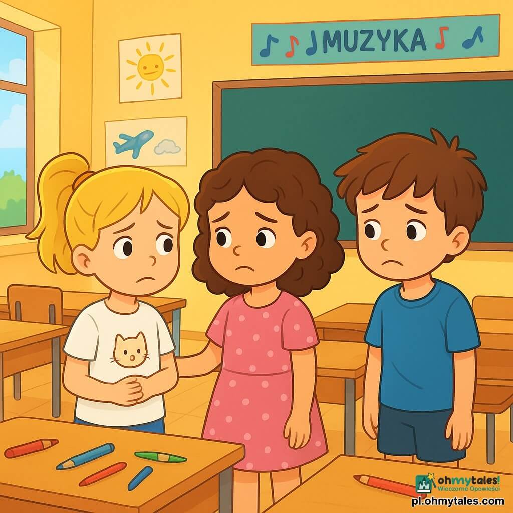 Są trzy postacie: Ala, 8-letnia dziewczynka z blond włosami związanymi w kucyk, w białym t-shircie z małym kotem, z zaniepokojonym spojrzeniem, trzymająca ręce na dolnej części koszuli; Zosia, 8-letnia dziewczynka z kręconymi brązowymi włosami, w różowej sukience w kropki, z smutną twarzą, patrząca na Alę z pełnym zrozumienia wzrokiem; Kuba, 8-letni chłopiec z rozczochranymi brązowymi włosami, w niebieskim t-shircie i szortach, wyglądający na winnego, z pochyloną postawą, stojący nieco z tyłu. Akcja rozgrywa się w jasnej klasie z kolorowymi rysunkami dzieci i plakatami o muzyce. Na końcu znajduje się duża czarna tablica i uporządkowane drewniane ławki. Światło słoneczne wpada przez okna, tworząc ciepłą i przyjazną atmosferę. Główna sytuacja pokazuje Alę, Zosię i Kubę rozmawiających, z Alą przyznającą się do kłamstwa Zosi. Twarze dzieci wyrażają silne emocje: strach i smutek Ali, współczucie Zosi i winę Kuby. Dzieci otoczone są kolorowymi kredkami rozsypanymi na ławkach, symbolizującymi kreatywność i niewinność ich przyjaźni.