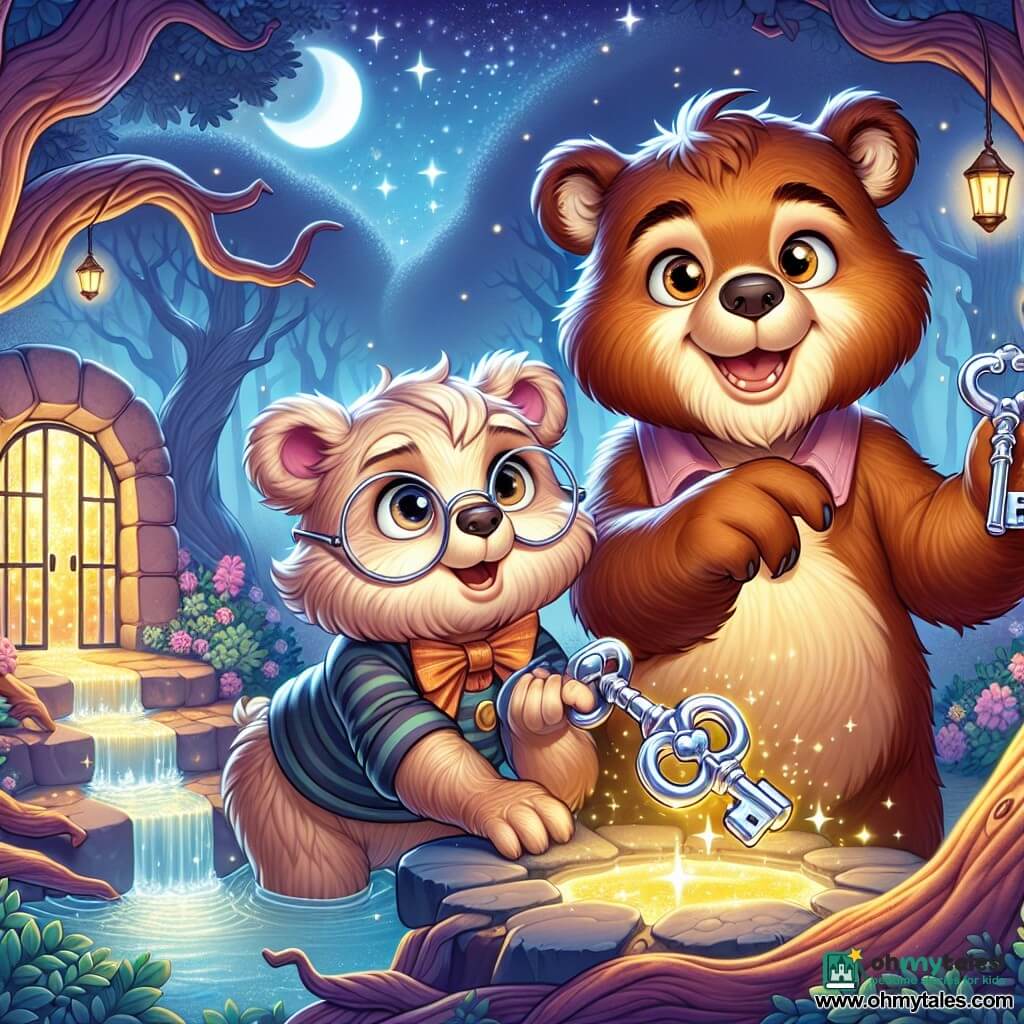 A brown bear named Benny, with sparkling curious eyes and a wide smile, holds a shiny silver key above an enchanted spring, his soft, silky fur illuminated by the moonlight. Next to him, his big sister Bella, a cream-furred bear with round glasses, displays a look of wonder, arms crossed, proudly watching her brother. The setting is a magical forest, where gnarled trees rise under a starry sky, and a sparkling spring reflects the moonlight, creating a fairytale atmosphere. The main scene shows Benny and Bella discovering the repaired key, ready to open the door of a mysterious kiosk, surrounded by golden glows and falling leaves, while a light mist adds a touch of mystery to the scene.