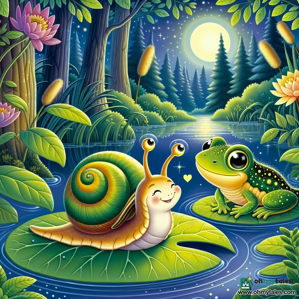A small snail named Nib, with a spiral shell in soft shades of green and yellow, slowly moves across a dewy leaf, his face expressing joyful curiosity and sparkling eyes. Next to him, a newt with green and golden scales, wearing a small crown of reeds, floats on a lily pad, watching Nib with a shy smile. In the background, a shimmering pond reflects the moonlight, surrounded by tall trees with lush leaves and colorful flowers gently swaying in the breeze. The scene depicts Nib and the newt sharing a moment of discovery as they listen to the sounds of the night, creating a magical and friendly atmosphere.