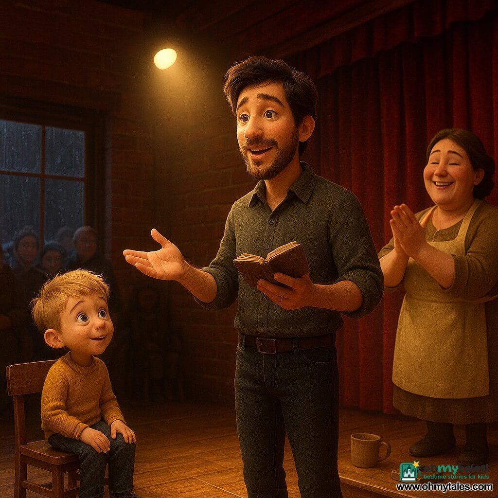 A thirty-year-old male singer with a gentle face, tousled brown hair and trimmed beard, warm shy expression, holding a small worn notebook and singing to the audience with an open posture; an about-8-year-old blond boy in the front row on a small wooden bench, eyes wide, tapping his foot and smiling; a woman in her forties—baker Ria—flour-dusted hands and beige apron, standing by the entrance clapping along happily. The setting is a small intimate theater with red brick walls, a rumpled red velvet curtain, warm yellow spotlight, varnished wooden seats and shiny parquet floor; rain outside on a fogged window and people in wet coats gathered inside, using everyday objects—a cup, a spoon, a percussion box—as instruments. Centered composition on the singer in a slight low three-quarter view, soft-rounded shadows, warm textured palette of brick, ochre, honey wood and deep red; realistic-stylized 3D animation look with slightly cartoony surfaces and tactile textures (wool, velvet, wood grain).