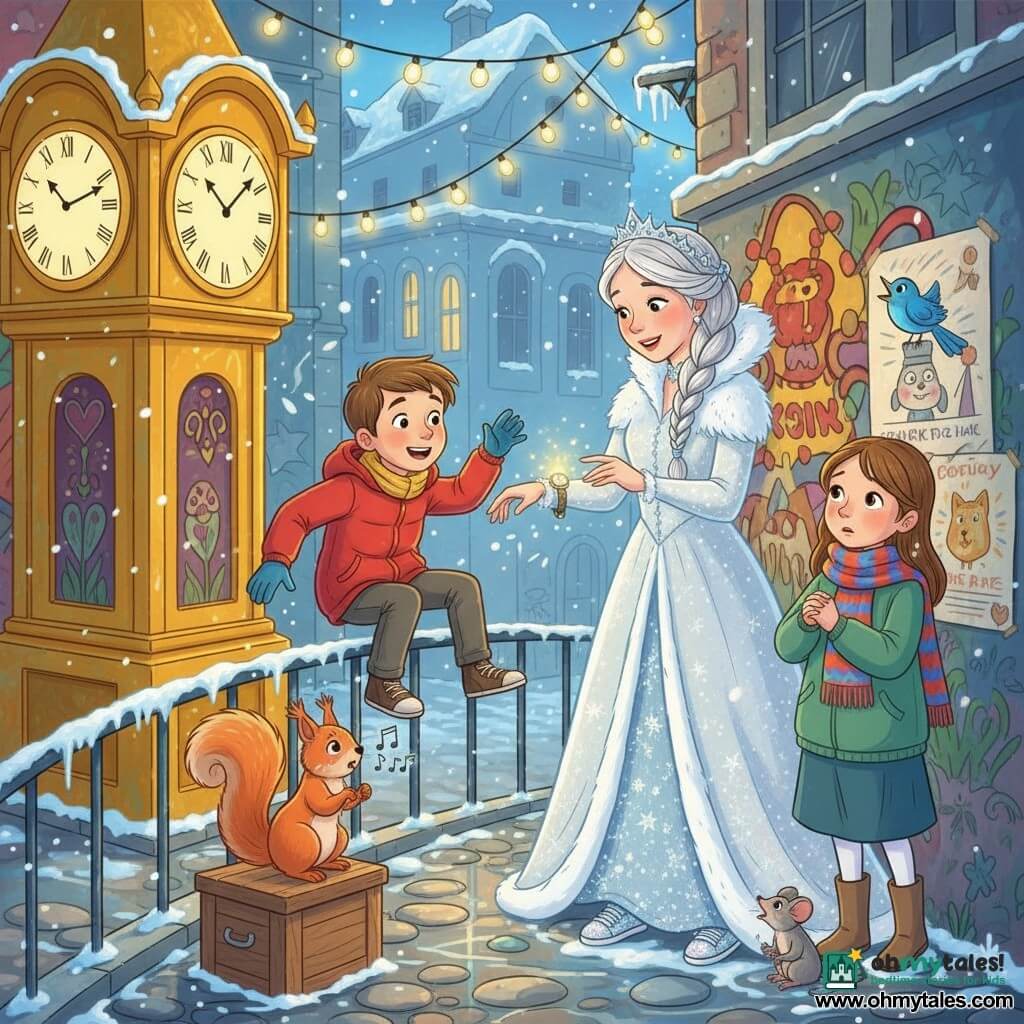 The Snow Queen (from Hans Christian Andersen), moved and kind, smiles gently; she wears a long sparkling white gown like fresh snow, silver hair braided with stars, glittery modern sneakers, and reaches toward a small glowing bracelet-watch. Kai, about 10, energetic and amazed, in a red jacket and blue gloves, skates slightly on an icy ramp near the queen watching the animals. Gerda, about 11, upset then soothed, with a colorful scarf and teary eyes, stands by the clock tower turret, hesitantly holding the watch. A shy red squirrel stands on a wooden box chirping; a bright blue bird perches on a wall poster singing; a grey mouse with bright eyes listens at the queen’s feet. Setting: an urban alley by a large golden clock tower, walls covered in colorful graffiti and children's posters, wet cobbles, string lights and swirling snowflakes. Main scene: the Snow Queen restores the voices of the city's small animals and silent voices by touching the magic watch while Kai and Gerda watch emotionally at the base of the clock; warm atmosphere despite the cold, bright palette of blues, silver, reds and yellows. Style: clear vector illustration, soft lines, strong contrasts, readable facial expressions, composition centered on the glowing watch and the characters’ faces.