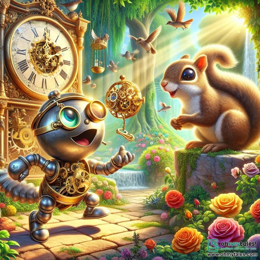 An illustration depicts a small metal character, a smiling timekeeper with golden hands and a monocle on his right eye. He expresses great excitement and curiosity, joyfully hopping in a lush medieval garden filled with colorful flowers and green bushes. Nearby, a small squirrel with sparkling eyes and silky fur, holding a precious shiny object, has a mischievous expression while juggling time. Perched on a stone, it watches the timekeeper with a playful smile. The medieval garden is enchanting, featuring vibrant roses, majestic trees, and a stone fountain at the center, where water sparkles in the sun. Birds sing joyfully in the branches, adding a lively atmosphere. The main scene shows the timekeeper trying to convince the squirrel to return the precious object, an ancient royal mechanism, while sharing a moment of camaraderie. Sun rays filter through the leaves, creating a play of shadows and light on the ground. Other graphic elements include antique clocks hanging from tree branches, colorful butterflies fluttering around the flowers, and a light blue sky dotted with fluffy clouds, adding a touch of magic to this time adventure scene.