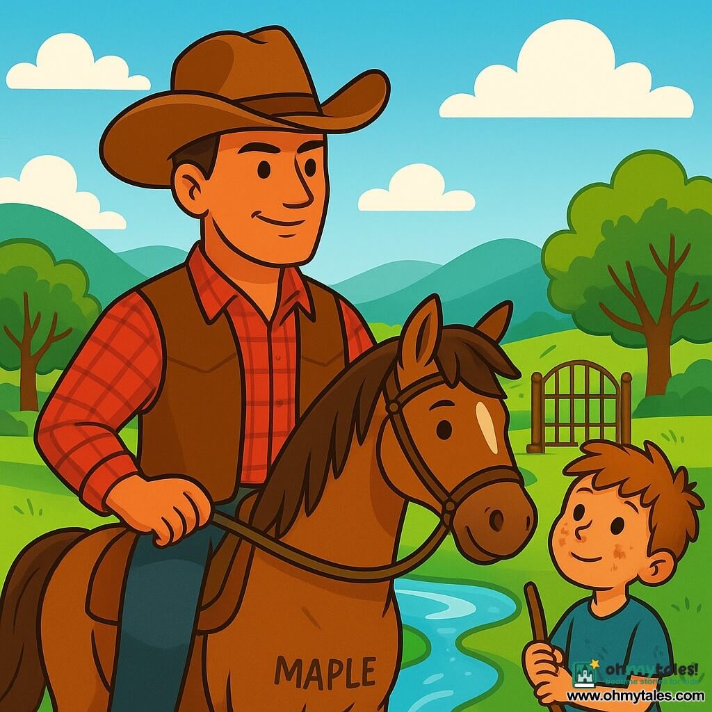 A cowboy, a man with a tanned face and sparkling eyes of determination, stands proudly on his brown horse named Maple. He wears a large cowboy hat, a red plaid shirt, and a leather vest, with a calm and resolute expression. Beside him is a young boy named Eli, about 8 years old, with messy hair and dust on his cheeks, looking at the cowboy with admiration, holding a small stick in his hands. The setting is a lush valley with rolling hills under a bright blue sky, majestic trees lining a sparkling stream that winds through the meadow. In the background, a large rusty iron gate stands, symbolizing the obstacle to overcome. The scene shows the cowboy and Eli preparing to release the water from the valley, with expressions of courage and hope on their faces, while white clouds gently float in the sky.