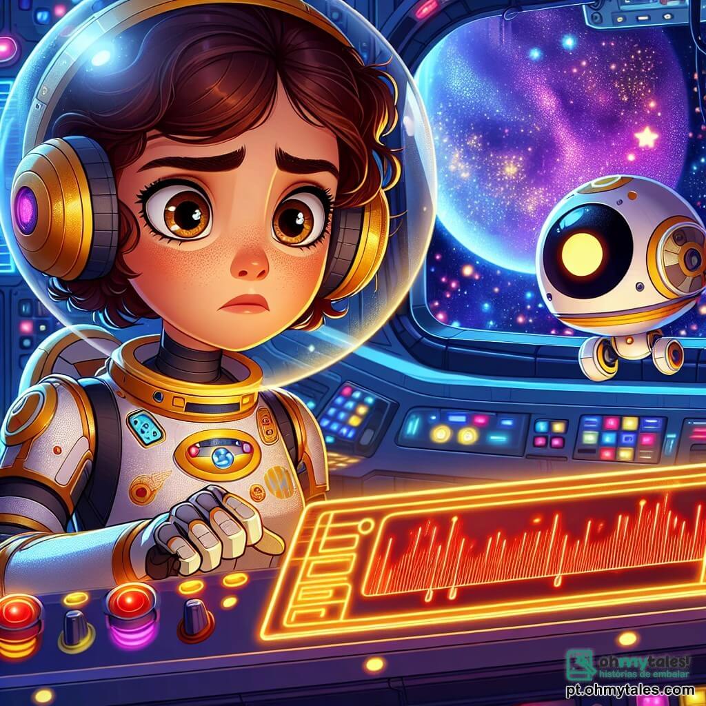 Sofia, uma jovem com cabelos castanhos e cacheados, usa um traje espacial brilhante e um capacete amarelo. Ela tem um olhar determinado e preocupado, com as sobrancelhas franzidas, enquanto observa uma tela de controle que pisca em vermelho. Ao seu lado, o Robô Léo, um pequeno robô redondo com olhos brilhantes e um sorriso amigável, flutua no ar, pronto para ajudá-la. A cena acontece dentro de uma estação espacial futurista, com paredes de metal prateado, luzes coloridas e janelas que dão para uma bela paisagem espacial, cheia de estrelas cintilantes e um planeta azul e lilás ao fundo. Sofia e Léo enfrentam um alerta de emergência, com alarmes soando e luzes piscando, enquanto precisam rapidamente encontrar uma solução para salvar sua missão de colonização.