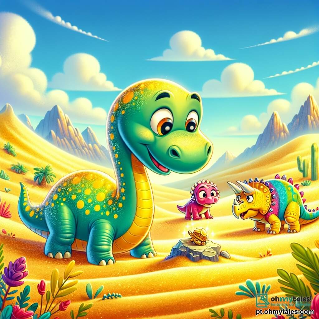 Um jovem diplodoco chamado Dino, com um longo pescoço elegante e pele verde com manchas amarelas, expressa grande curiosidade e excitação ao descobrir um artefato antigo brilhando ao sol. Ao seu lado, Trixie, uma tricerátops rosa com três chifres na testa, observa o tesouro com admiração, enquanto Spike, um estegossauro com placas coloridas, observa com um ar preocupado, mantendo-se um pouco afastado. A cena acontece em um vasto deserto dourado, onde dunas de areia ondulam sob um céu azul brilhante, salpicado de algumas nuvens brancas. Ao longe, montanhas se delineiam no horizonte, acrescentando um toque de mistério ao ambiente. Dino, Trixie e Spike estão ao redor do artefato cintilante, prontos para descobrir seus segredos, enquanto flores coloridas e plantas exóticas cercam a cena, adicionando um toque de magia à sua aventura.