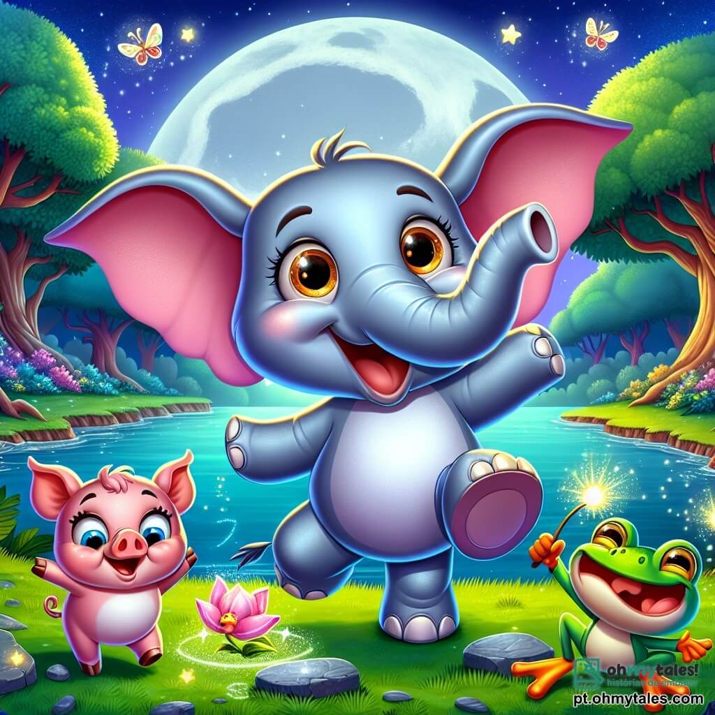 Um elefante alegre chamado Eletro, com grandes orelhas rosas e uma tromba expressiva, dança entusiasticamente à beira de uma linda lagoa iluminada pela lua. Seus olhos brilham de curiosidade e felicidade enquanto faz movimentos de dança divertidos na grama verde. Ao seu lado, um pequeno porquinho chamado Bolota, com pelagem rosa e olhos brilhantes, salta de alegria segurando uma cenoura mágica cintilante. Um sapo colorido, o Sapo Risonho, está fazendo malabarismos com pedras, rindo e fazendo caretas enquanto se equilibra em uma pedra plana perto da lagoa. A cena acontece em uma floresta encantada, onde árvores majestosas com folhas brilhantes cercam a lagoa, e vaga-lumes dançam no ar, adicionando um toque mágico à atmosfera. Os amigos celebram juntos uma grande festa, cheia de risadas e alegria, criando memórias inesquecíveis sob o céu estrelado.