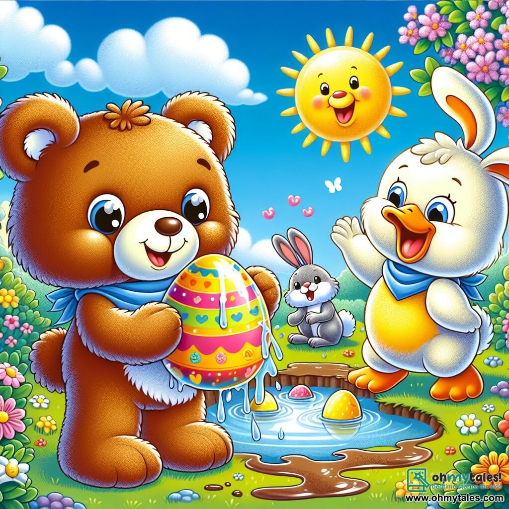 A teddy bear named Buzzy, with soft brown fur and sparkling joyful eyes, stands in the center of the image, smiling enthusiastically while holding a colorful Easter egg that shines in the sunlight. Beside him, a small white rabbit with big ears looks at the egg with wonder, while a bright yellow duck, laughing happily, stands a little back with its wings spread, ready to help. The scene takes place in a lush garden filled with colorful flowers, blooming bushes, and a large blue sky dotted with fluffy white clouds. In the center, a big muddy pond reflects the sun, adding a touch of magic to the environment. The main situation shows Buzzy and his friends cleaning the Easter egg, splashing water and laughing together, creating a joyful and festive atmosphere.
