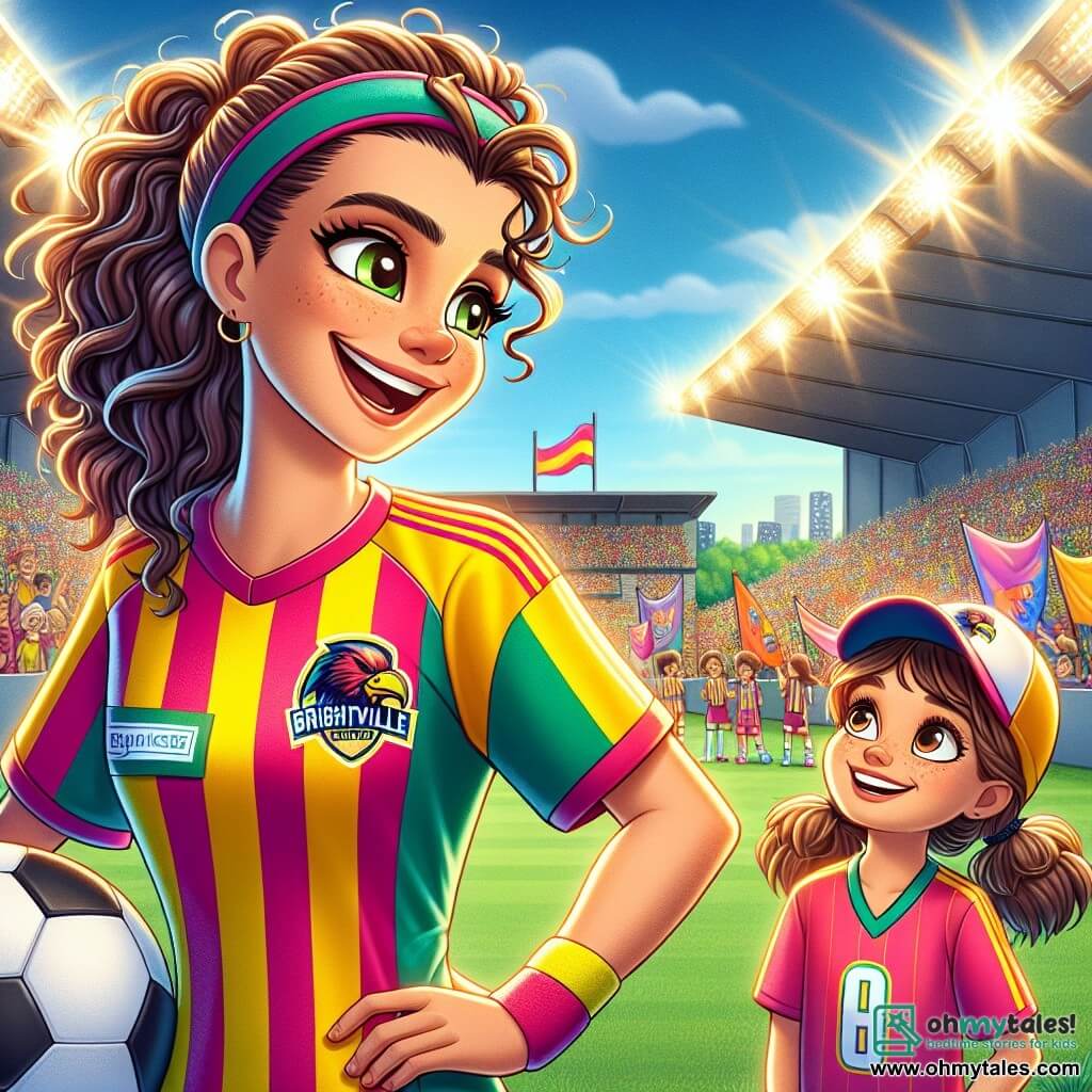 In the foreground, Mia Swift, an athletic woman with curly brown hair, wears a brightly colored football jersey of the Brightville Hawks. She has a big smile, her eyes sparkling with excitement as she approaches a young girl. Mia is making a friendly wave, as if to greet, with a football under her arm. Next to her, Lily, an 8-year-old girl, wears a team jersey and a backward cap. Her blonde hair is tied in two pigtails. She looks at Mia with admiration, her eyes shining with joy, while holding a Hawks flag in her hands. The setting takes place in Brightville Stadium, a large venue filled with enthusiastic fans. The stands are decorated with flags and banners, while the field is a vibrant green, illuminated by lights sparkling under a clear blue sky. The main scene shows Mia and Lily joyfully chatting after a game, surrounded by the vibrant energy of the crowd, symbolizing the inspiration and passion of football.