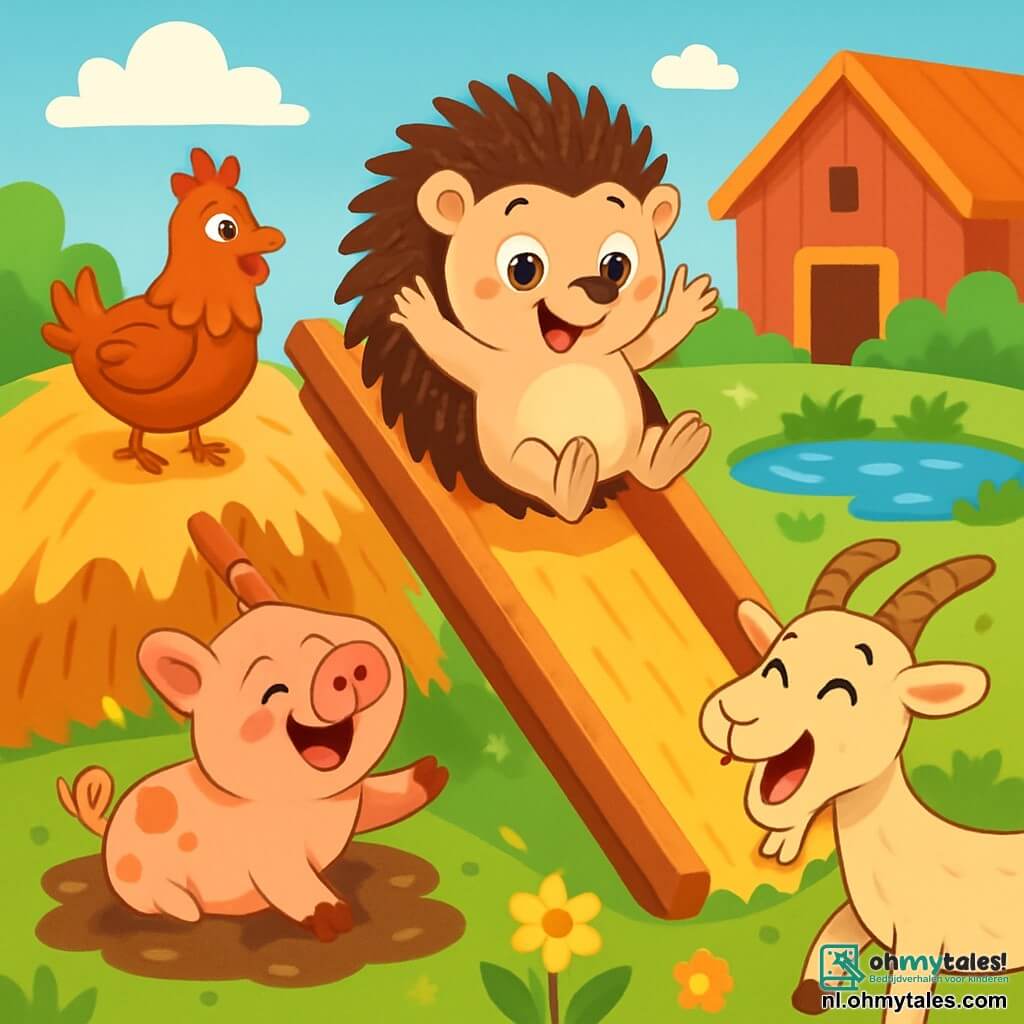 Een egel met sprankelende ogen en een stralende glimlach, met een grote bult glanzende stekels, glijdt vrolijk van een glijbaan gemaakt van stro en planken, met zijn kleine pootjes in de lucht. Naast hem kijkt een rode hen met verwarde veren en een grappige blik naar de scène, klaar om op de glijbaan te springen. Een grote roze varken, met een ondeugende glimlach, rolt in de modder in de buurt, terwijl een geit met gebogen hoorns aan de voet van de glijbaan staat, hard lachtend. De achtergrond is een charmante zonnige boerderij, met een grote berg hooi, kleurrijke bloemen en een glinsterend vijvertje. De scène toont de opwinding en vreugde van de dieren die samen op de glijbaan spelen, wat een feestelijke en speelse sfeer creëert.