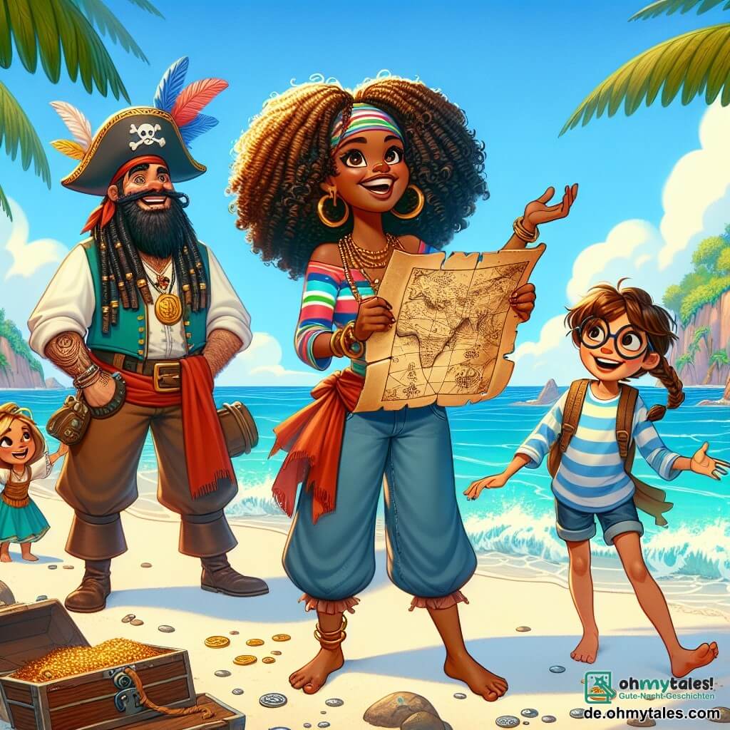 Clara, die Piratin, ist eine Frau mit langen, lockigen, goldenen Haaren, gekleidet in einem bunten Oberteil und einer Stoffhose. Sie lächelt aufgeregt, während sie eine alte Schatzkarte in den Händen hält, auf dem weißen Sand eines sonnigen Strandes stehend. An ihrer Seite untersucht Kapitän Leo, ein robuster Mann von etwa 40 Jahren mit einem breiten Lächeln und einem vollen Bart, neugierig die Karte, während er einen mit Federn geschmückten Piratenhut trägt. Emma, ein 10-jähriges Mädchen mit geflochtenen braunen Haaren, springt vor Freude mit erhobenen Armen, während Tim, ein 8-jähriger Junge mit runden Brillen, die Karte mit großen Augen betrachtet, auf einem nahegelegenen Felsen sitzt. Die Szenerie ist ein idyllischer Strand mit sanft im Wind wiegenden Palmen, türkisfarbenen Wellen, die ans Ufer schlagen, und fernen Inseln, die sich am Horizont unter einem strahlend blauen Himmel abzeichnen. Die Hauptsituation zeigt Clara und ihre Freunde, die eine alte Schatzkarte entdecken, bereit für ein Abenteuer, um einen versteckten Schatz zu finden, umgeben von der Aufregung und der Freundschaft, die sie vereint.