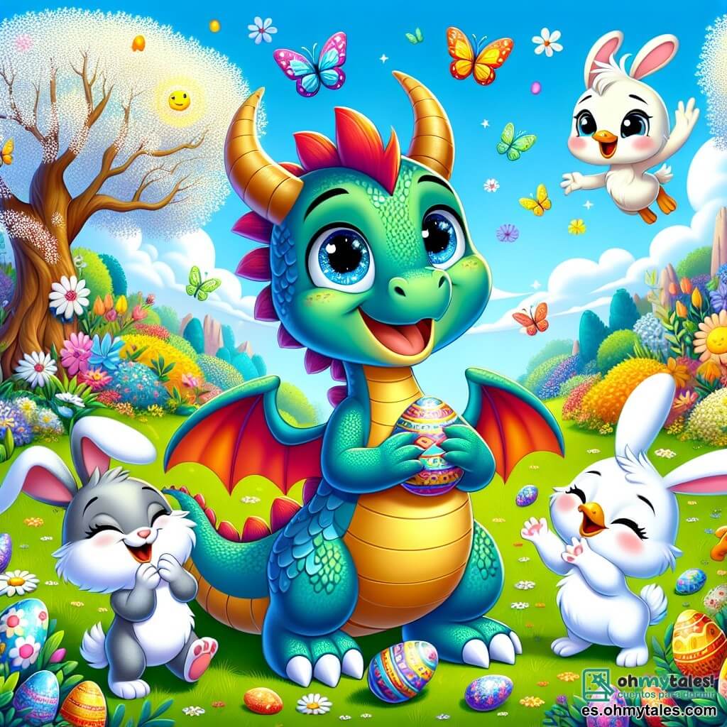 Un adorable dragón llamado Dimi, con escamas brillantes de colores vivos (rojo, azul y verde) y ojos chispeantes como estrellas, se encuentra en el centro de la imagen, sonriendo con entusiasmo al descubrir un árbol mágico decorado con hermosos huevos de Pascua de colores. A su derecha, una pequeña conejita llamada Lolo, con un pelaje suave y blanco, grandes orejas y una cara alegre, salta de alegría sosteniendo una zanahoria con sus patas delanteras. A su izquierda, un pequeño pato llamado Pipo, con plumaje amarillo brillante y ojos redondos, aplaude con emoción, con las alas levantadas. El fondo muestra un parque soleado, lleno de flores multicolores, mariposas revoloteando y un cielo azul claro. La escena representa el momento en que Dimi y sus amigos descubren la magia de Pascua, rodeados de risas y alegría, listos para celebrar juntos.