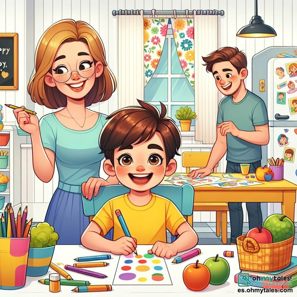 Un niño de 6 años, Tomás, con cabello castaño y ojos brillantes de alegría, está sentado en la mesa de la cocina, sonriendo ampliamente. Lleva una camiseta amarilla brillante y un pantalón corto azul, sosteniendo un crayón de colores en su mano. A su lado, su mamá, una mujer de unos 30 años con cabello largo y rizado, lo anima con una sonrisa cálida, mientras prepara hojas de papel de colores en la mesa. Su papá, un hombre de unos 35 años con barba ligera y gafas, está de pie cerca del refrigerador, sosteniendo un plato de frutas frescas, listo para compartir. La cocina es luminosa y acogedora, con paredes pintadas de blanco y cortinas con motivos de flores coloridas. Un gran pizarrón está colgado en la pared, lleno de dibujos infantiles. La escena principal muestra a Tomás y su familia planeando un día creativo, rodeados de suministros artísticos, listos para crear obras de arte juntos.