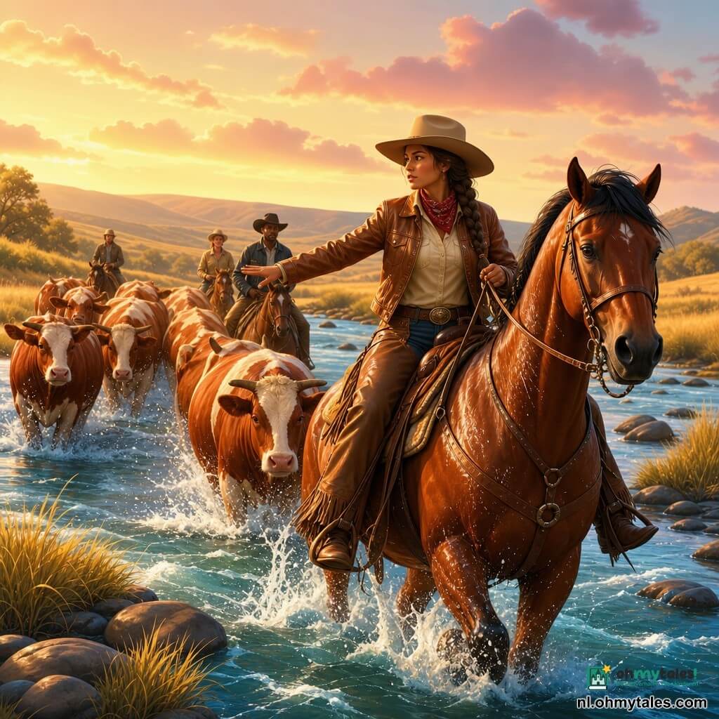 Een ongeveer 22-jarige cowgirl met gevlochten bruin haar, gebruinde huid, beige hoed, bruine leren jas en stoffige laarzen leidt te voet een kudde en houdt de teugels van haar grote glanzende alezane paard Duke met zwarte manen; een tiental roodbruine gevlekte koeien volgt in file, snuiten nat en poten spattend in het water; ze trekken een brede, snelstromende blauwgroene rivier met mosbedekte keien en gele oevergras over onder een gouden middaghemel met roze wolken — rustige moed en beweging met dynamische plonsen.